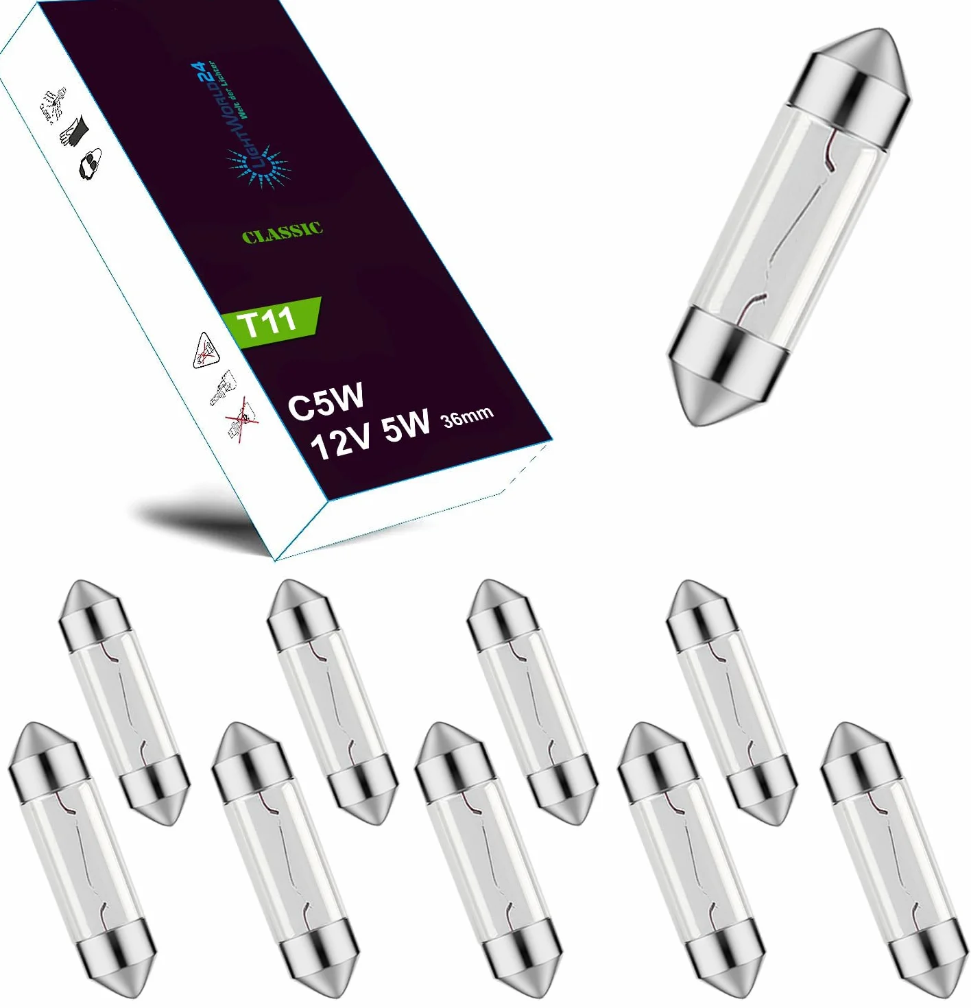 LIGHTWORLD24 10 x Soffitte 12V 5W C5W SV8,5 36mm auto targa interna illuminazione lampadina lampadina lampada bianco caldo