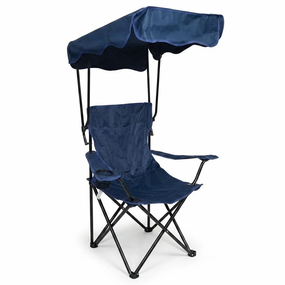 Sedia da Campeggio Pieghevole con Parasole Blu Regolabile e Portabicchiere Tessuto Oxford Poltrona Portatile per Mare Pesca e Montagna RICHIUDIBILE PER UN FACILE TRASPORTO