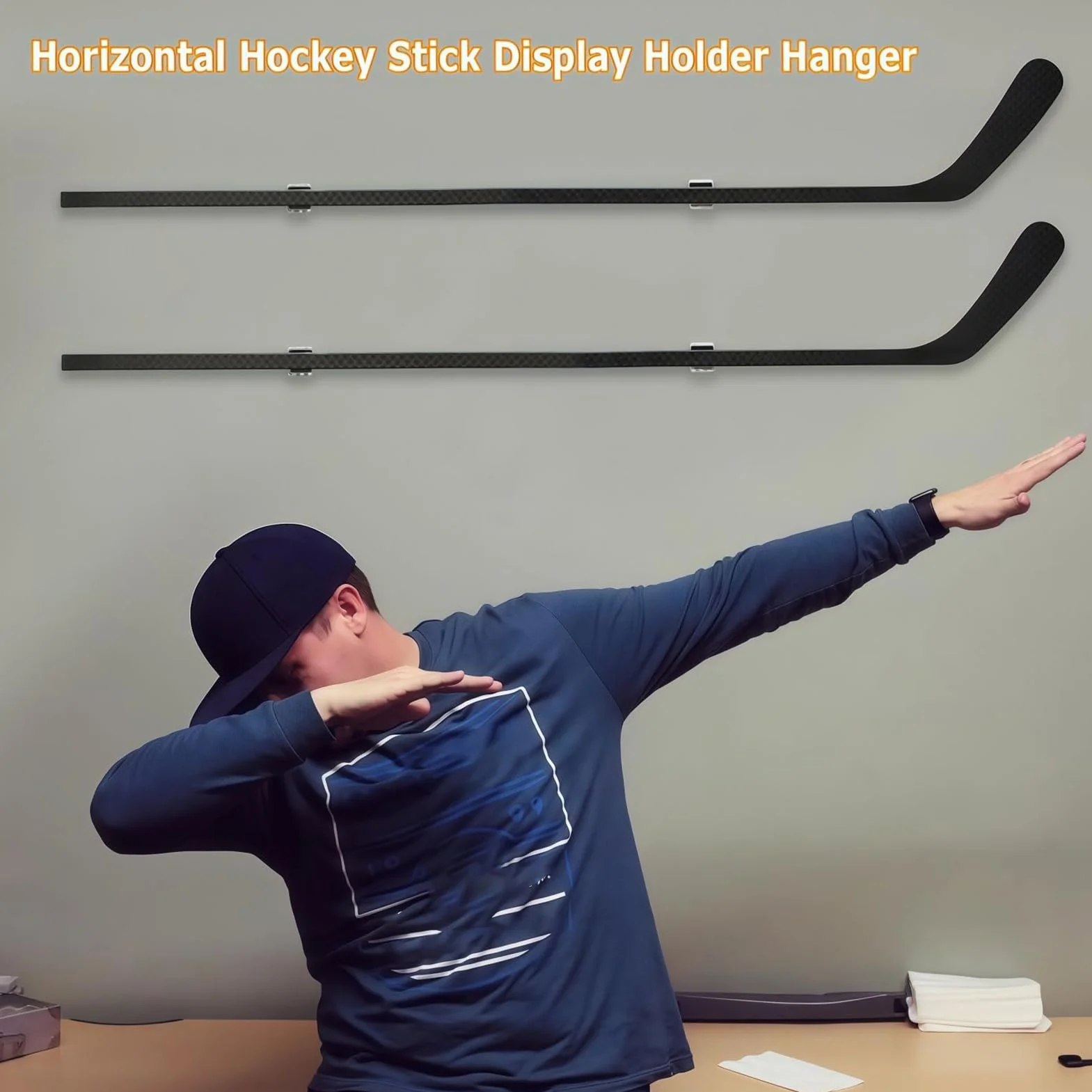 2-Piece Horizontal Hockey Stick Wall Mount Hook - Sport Equipment Holder with Anti-Scratch Pad for Garage Storage