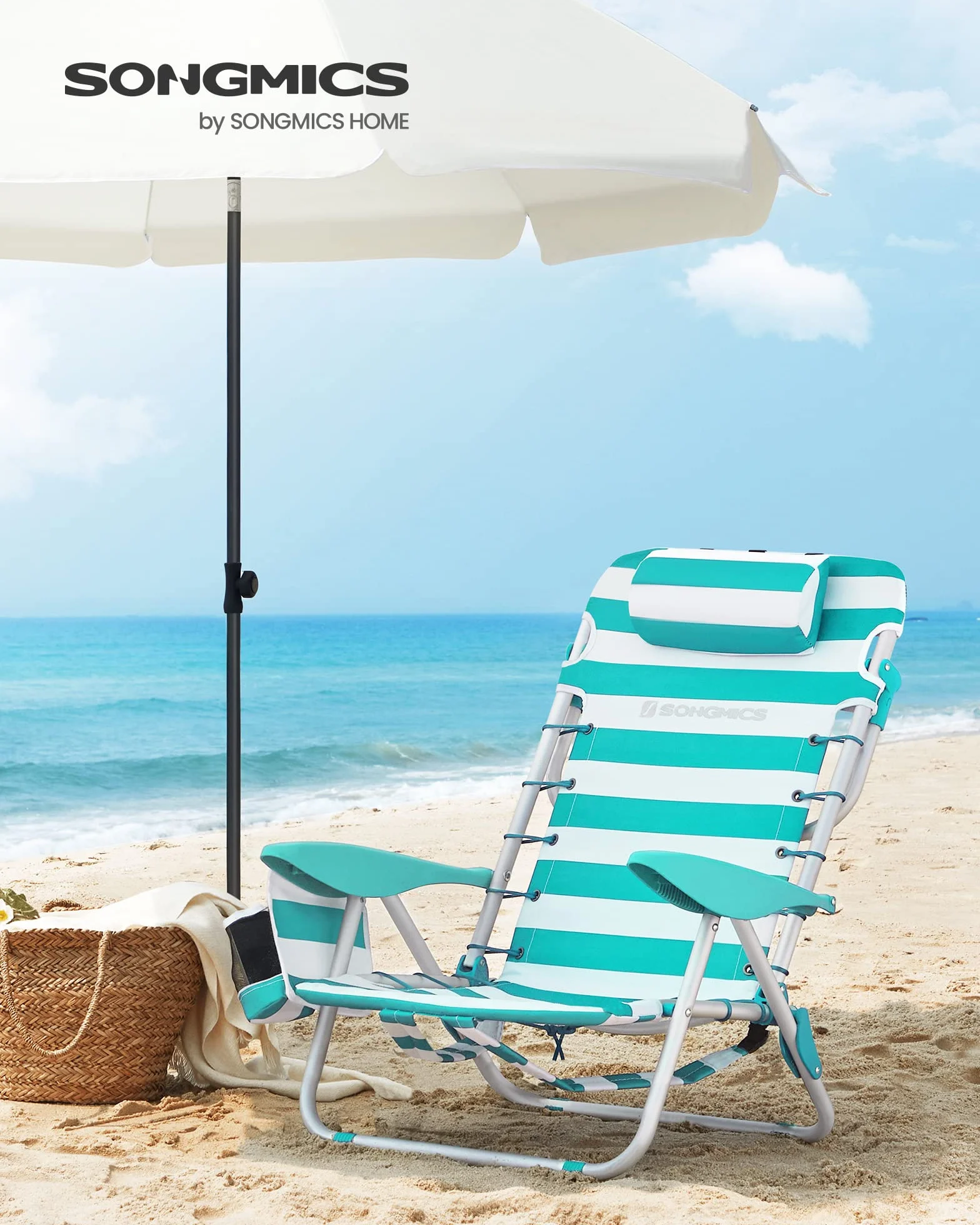 SONGMICS Sedia da spiaggia, sedia da campeggio pieghevole, con tracolla, schienale regolabile, poggiatesta, bracciolo, 2 tasche laterali, verde e bianco GCB62JW