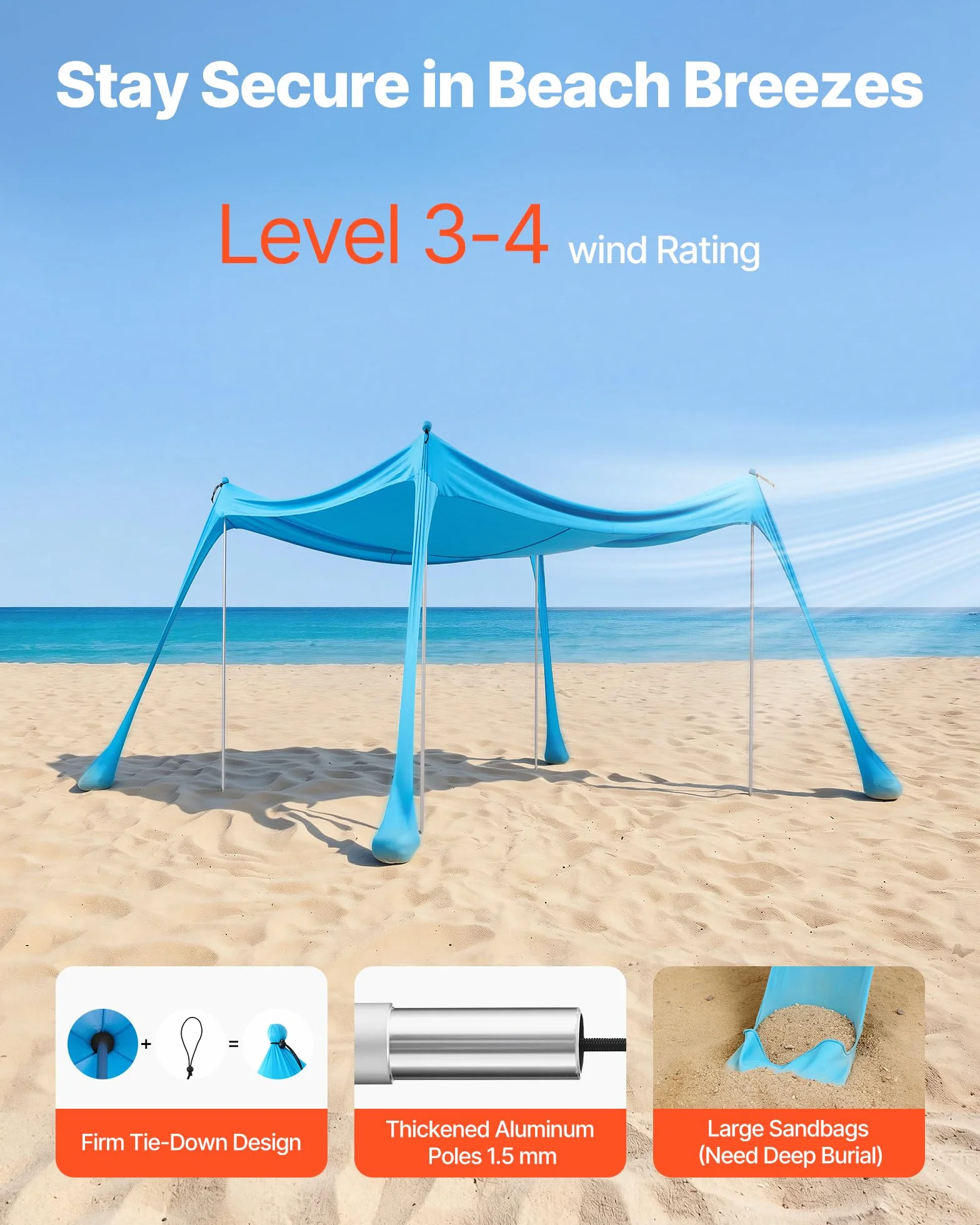VEVOR Tenda Parasole Portatile da Spiaggia per Esterno Protezione Solare UPF 50+ 3 x 3 x 2 m, Parasole da Spiaggia con Pali di Supporto Ancoraggio Tenda Portatile per Campeggio Viaggio Pesca, Blu