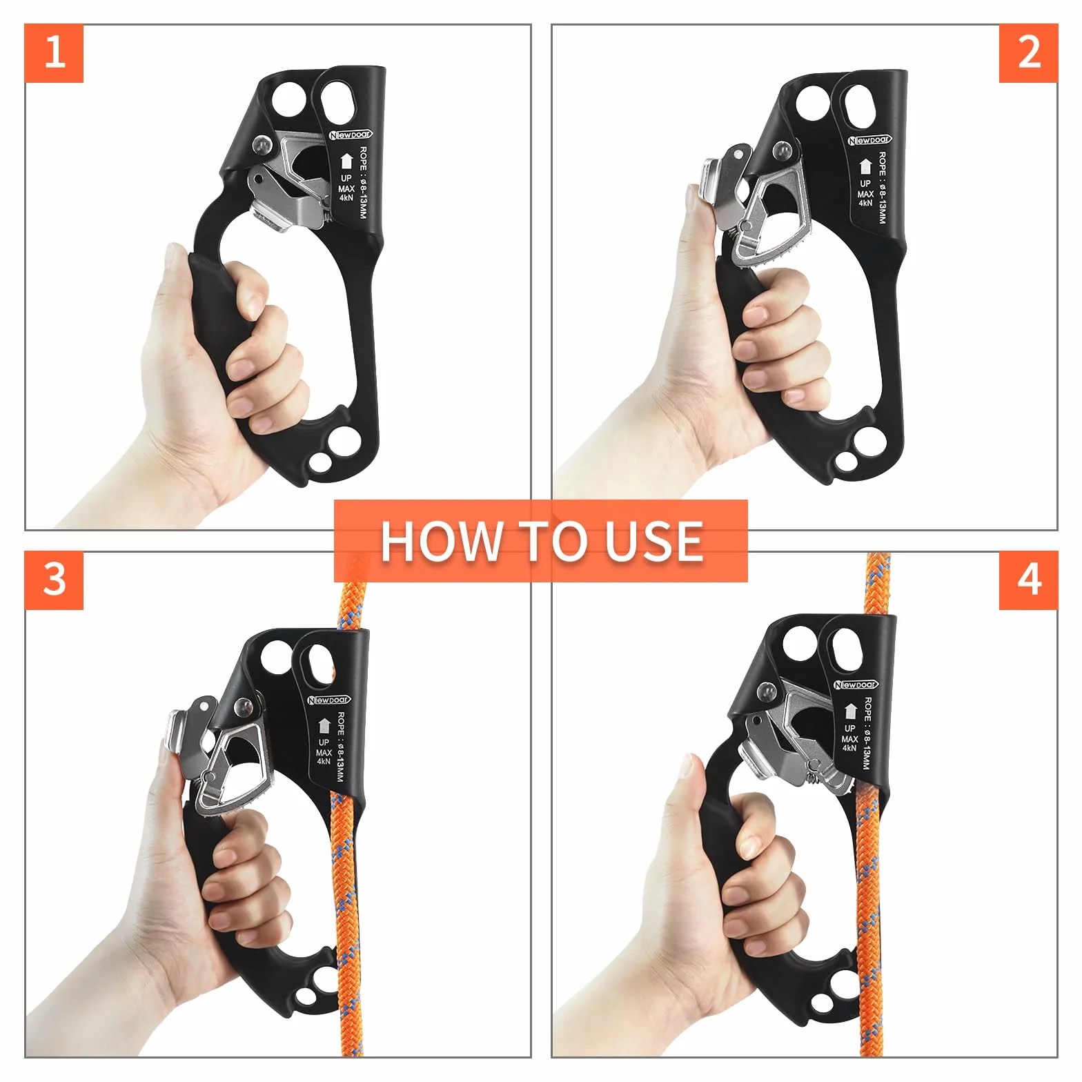 NewDoar Left Hand Ascender Rappelling Gear CE Rope Clamp 8~12 MM