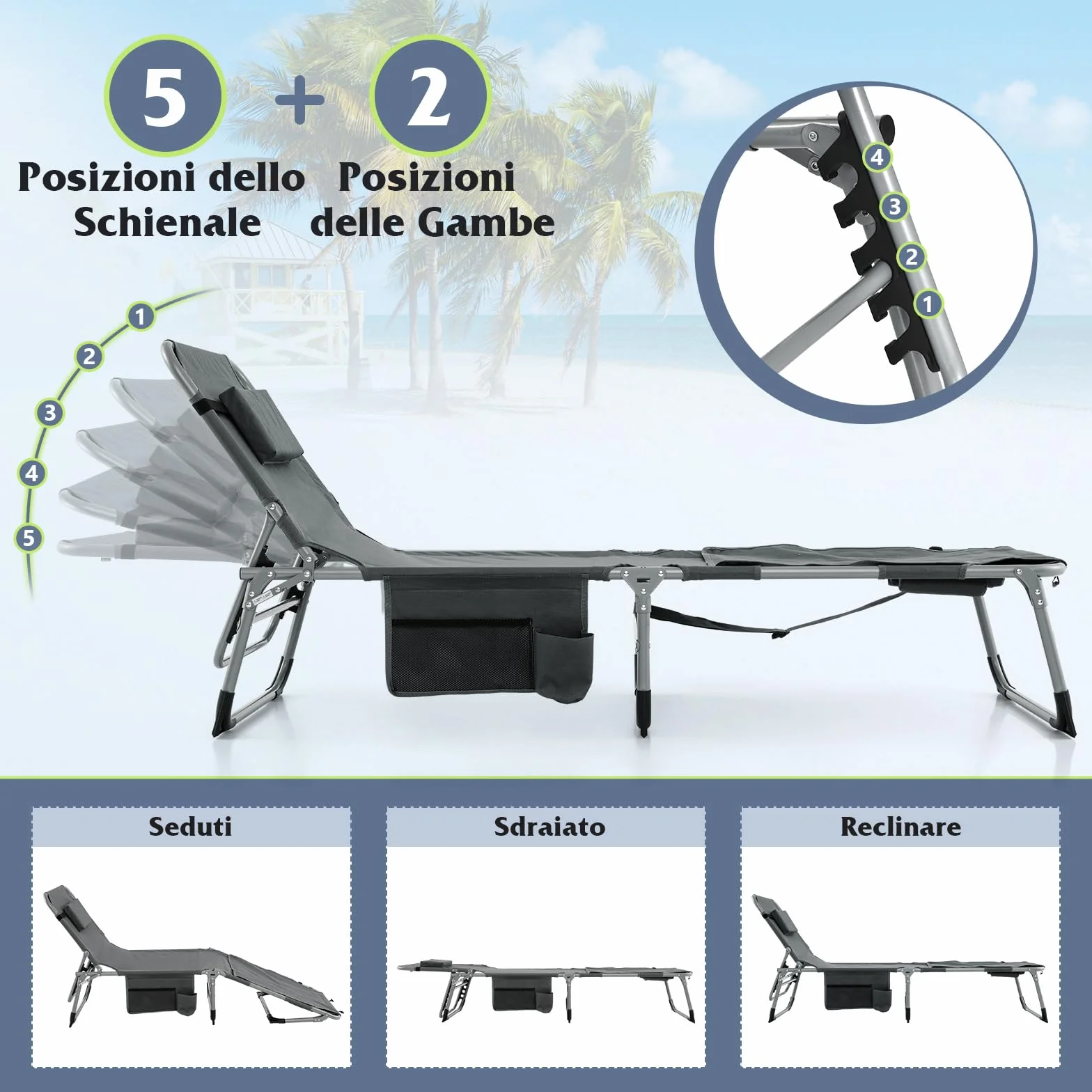 COSTWAY Lettino Prendisole Pieghevole Portatile, Lettino da Spiaggia con Fori per Viso e Braccia, Cuscino Poggiatesta e Tasca, Schienale Regolabile, per Mare e Piscina, Portata 180 kg (Grigio Scuro)