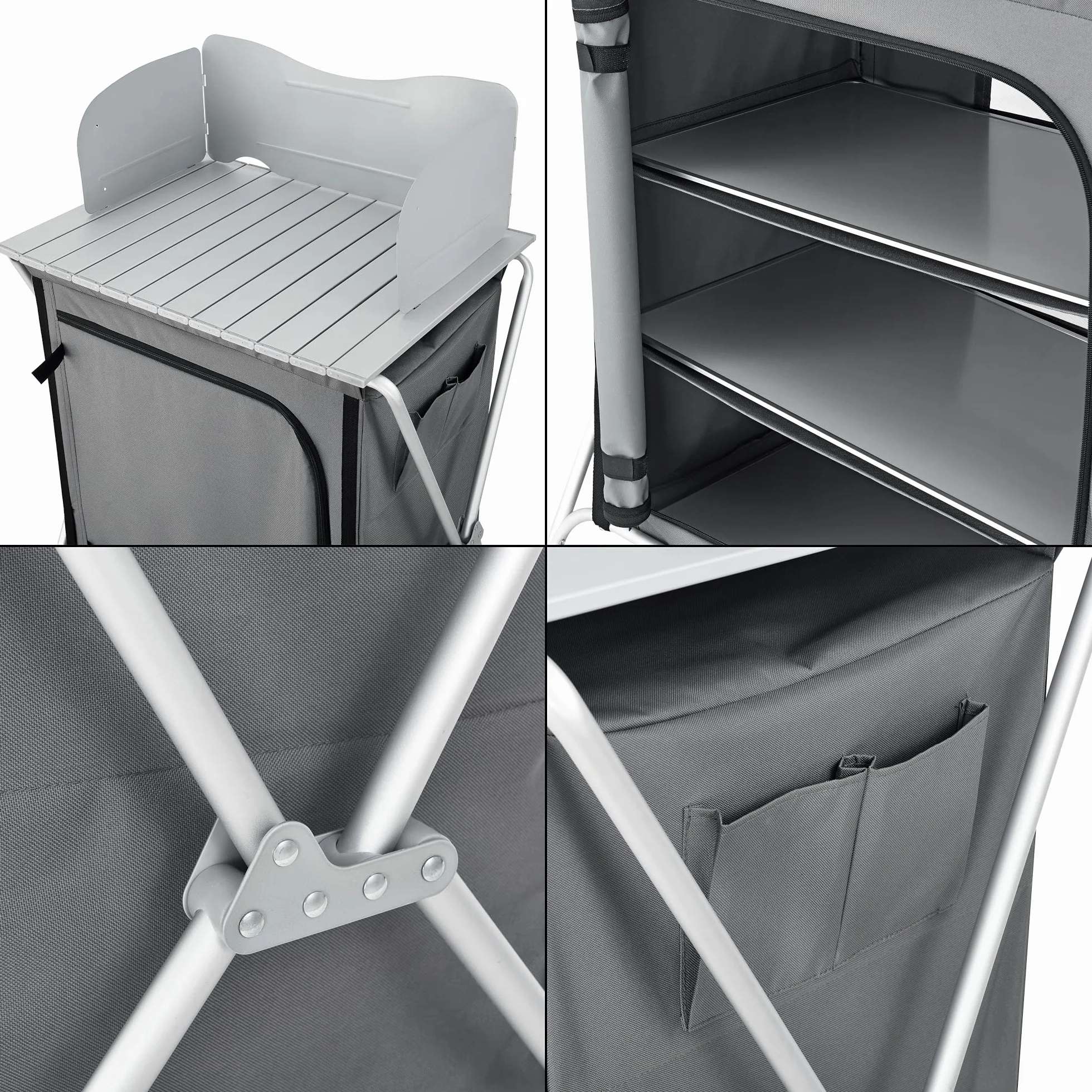Mobile Portatile da Campeggio Credenza Cucina Pieghevole con Ripiani e Borsa di Trasporto Telaio in Alluminio 110x70x52 cm Grigio Scuro