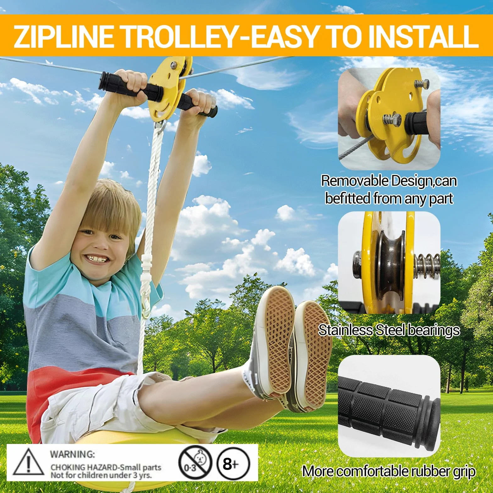 Slackline Zipline 24 m 80 piedi per bambini e adulti, cavo di sicurezza e freno a molla, fino a 120 kg