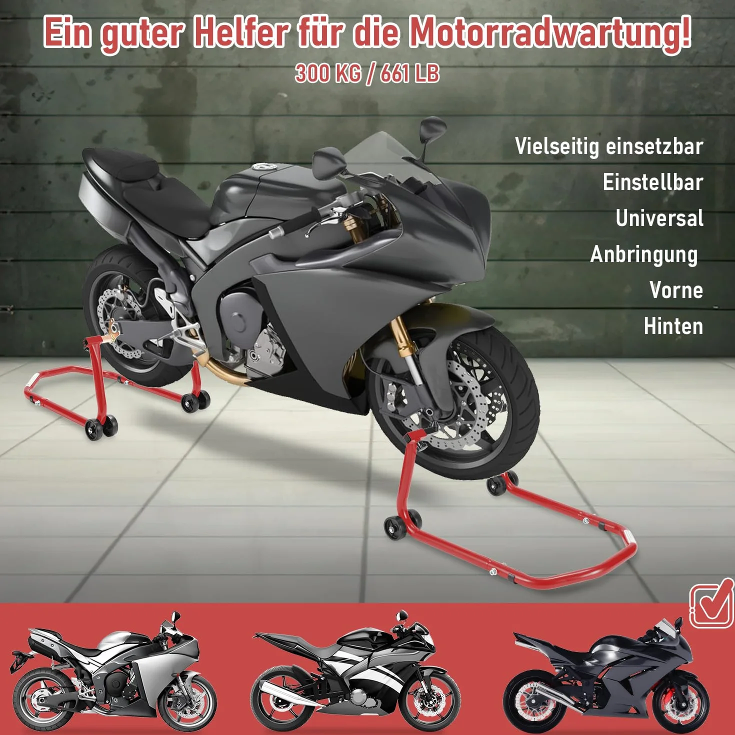 Gimisgu - Sollevatore per moto, posteriore, dispositivo di sollevamento, larghezza regolabile, per lavori di manutenzione e montaggio, per moto fino a 300 kg (rosso)