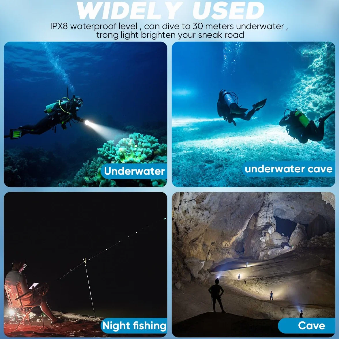 Torcia subacquea 8000 Lumen IPX8 impermeabile ricaricabile 3 modalità