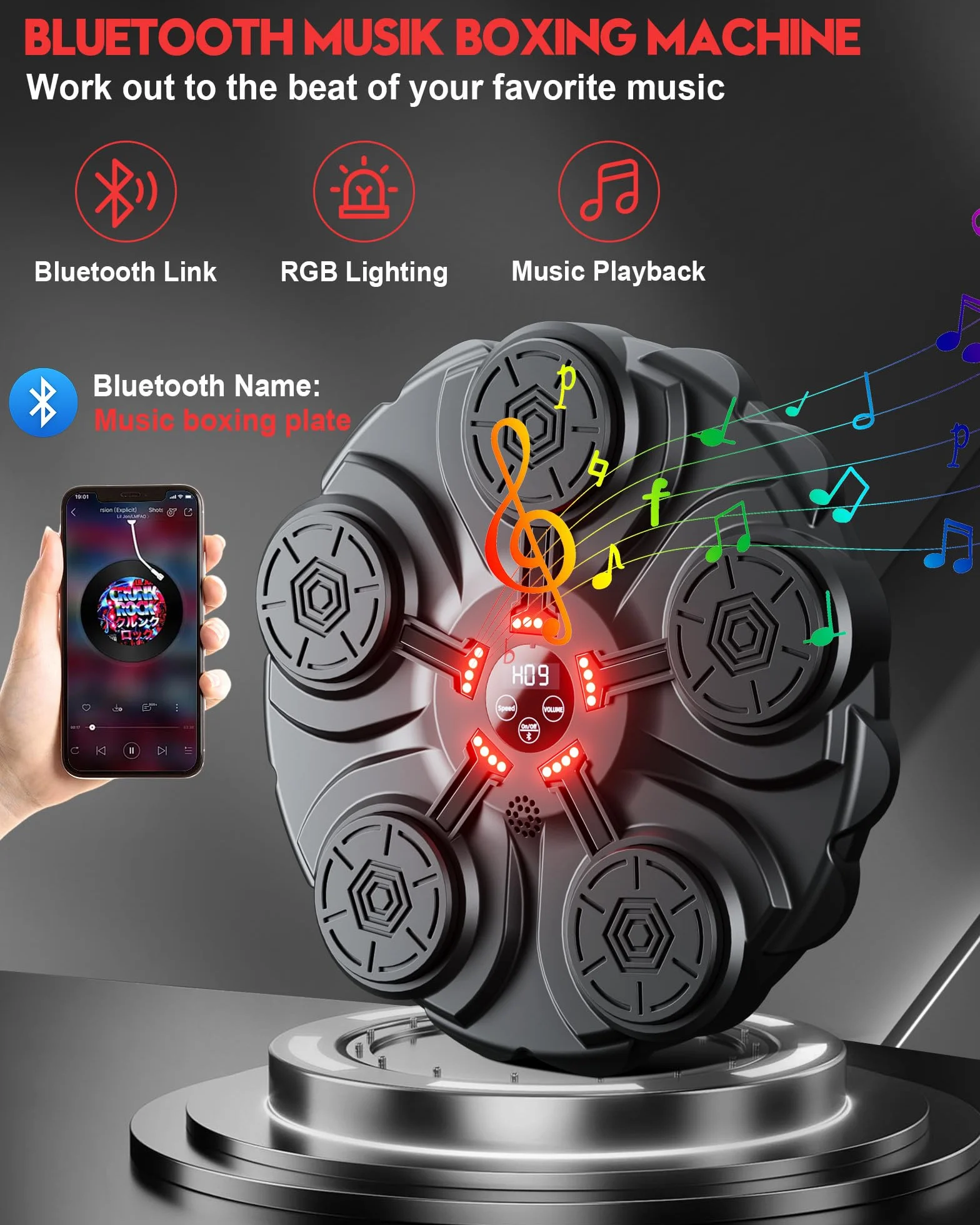 Music Boxing Machine Adulti - 12 modalità di 12 velocità Macchina da BOXEN Musical Pugile con Guanti da Boxe - LED Musica Bluetooth Boxe Allenamento per Casa