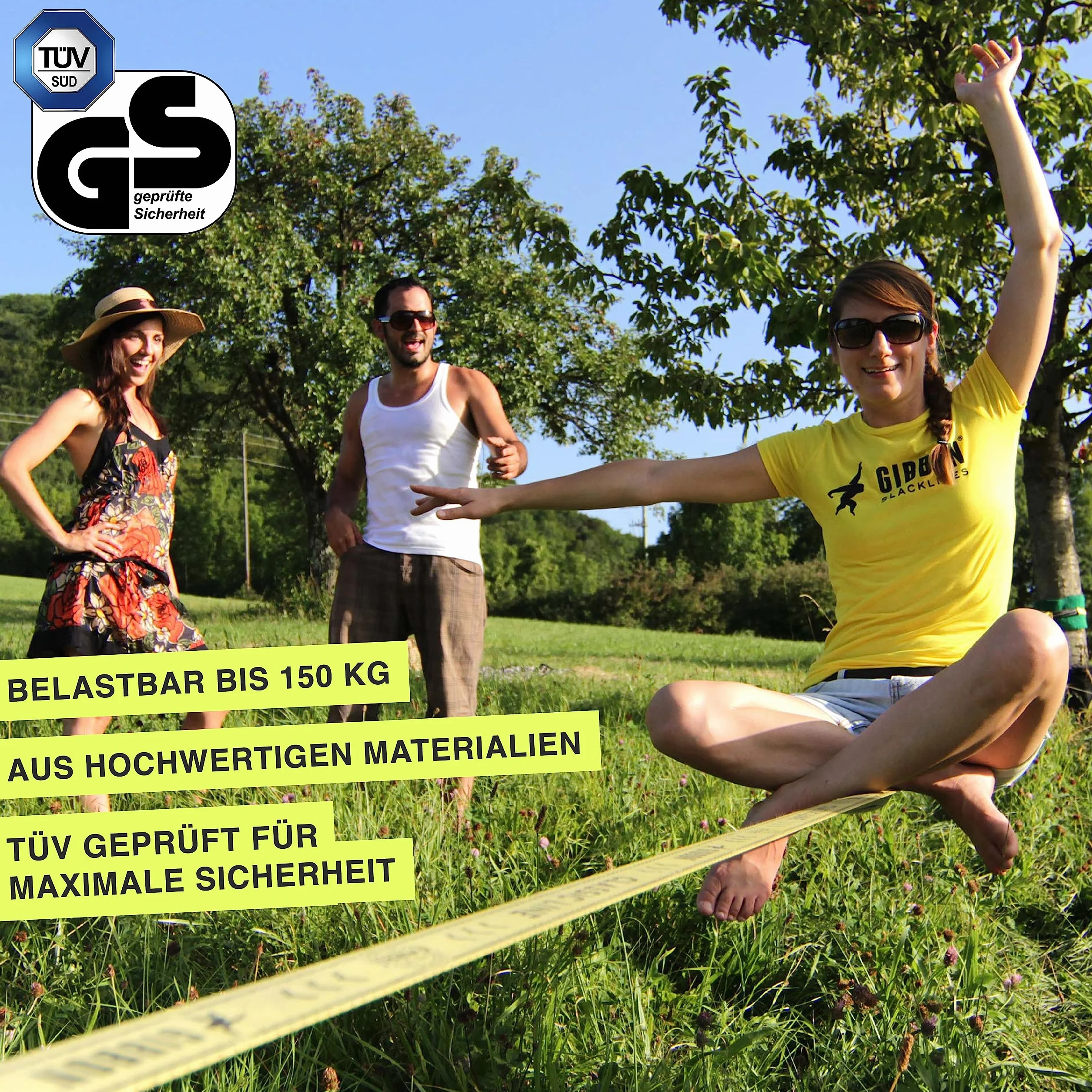 Gibbon Slacklines Classic Line 25m (22,5m slackline + 2,5m fettuccia) cricchetto protezione blocco sicurezza larghezza 5 cm