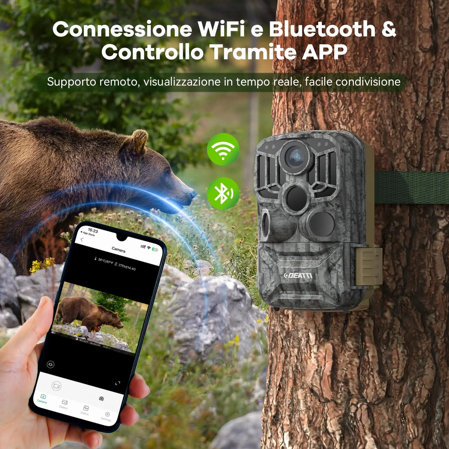 DEATTI Fototrappola WIFI 4K 48MP con Scheda SD 32GB Visione Notturna Impermeabile IP66