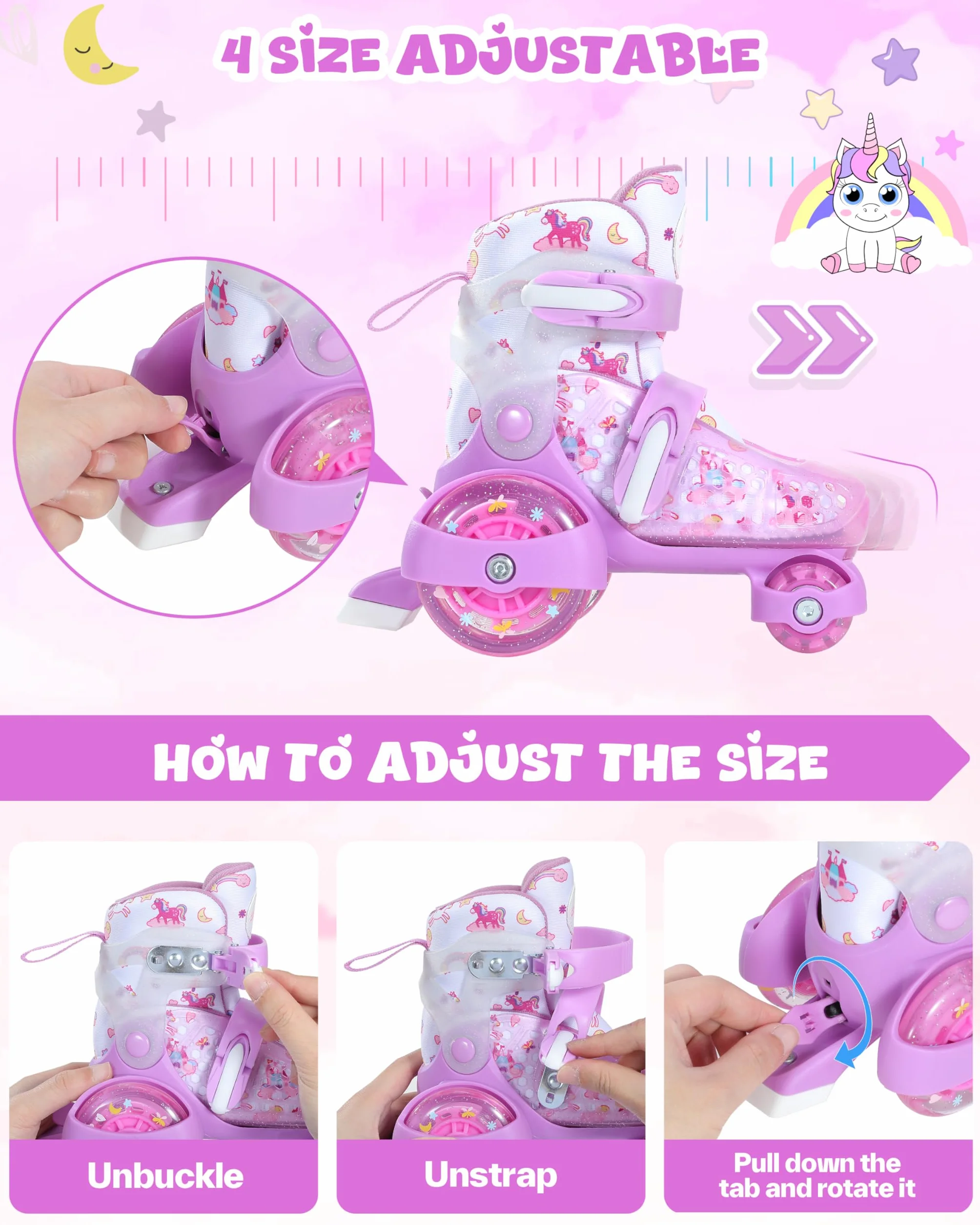 Pattini a Rotelle Per Bambina Con 4 Misure Regolabili, EU 24-31 Ruote Illuminate Per Principianti Weihnachts und Geburtstags Geschenke