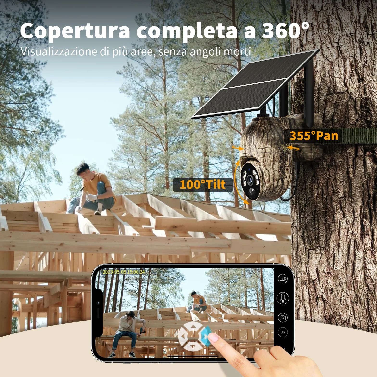 Fotocamera da Caccia Solare 4G LTE, 2K PTZ Fototrappola con SIM, Pannello Solare e APP, Rilevamento PIR, Visione Notturna a Colori