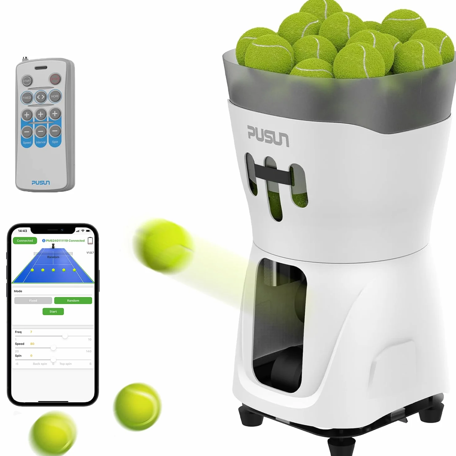 PUSUN PT-Mini Pro Macchina portatile per palline da tennis, 65 palline, supporto app e telecomando