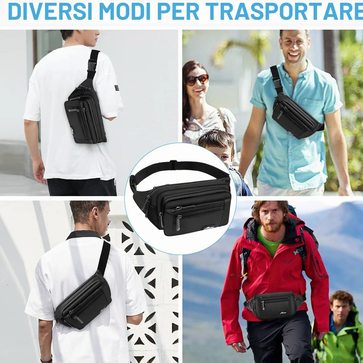HNOOM Marsupio Impermeabile Uomo Donna Sportivo Lavoro Grande Trekking con Cintura Regolabile 5 Tasche (Nero)