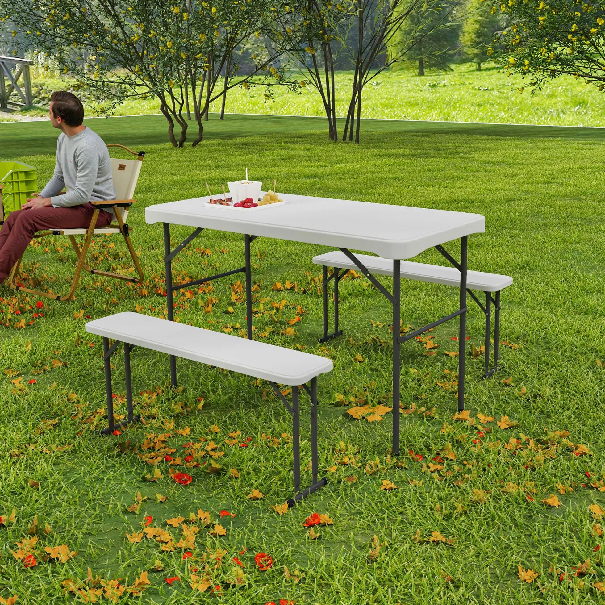 Outsunny Set tavolo pieghevole e panche da picnic 113 cm, grigio chiaro