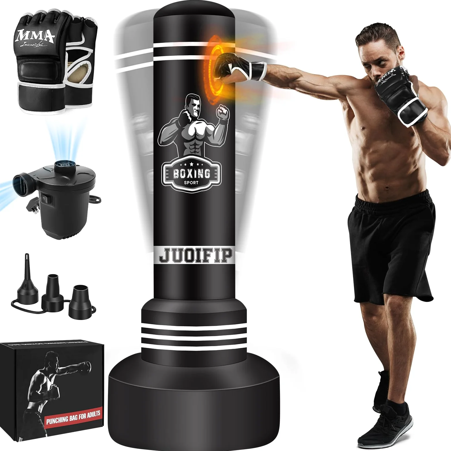 Sacco da boxe 2 in 1 per adulti, 180 cm autogonfiante, pesante con guantoni da boxe e pompa ad aria integrata, per allenamento MMA, Muay Thai, fitness, principianti