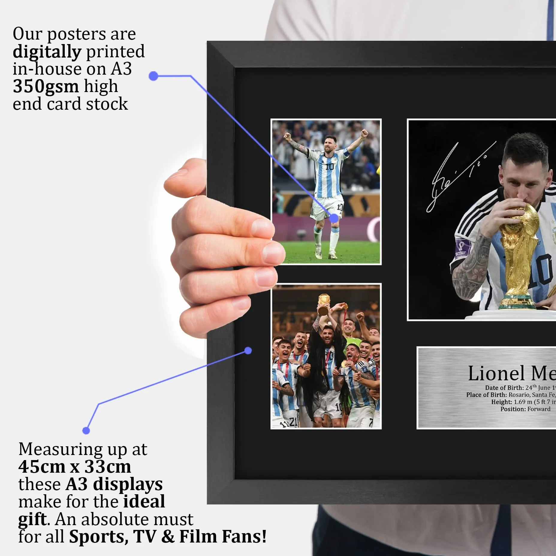 Quadretto con foto e autografo di Lionel Messi dell'Argentina formato A3 con cornice