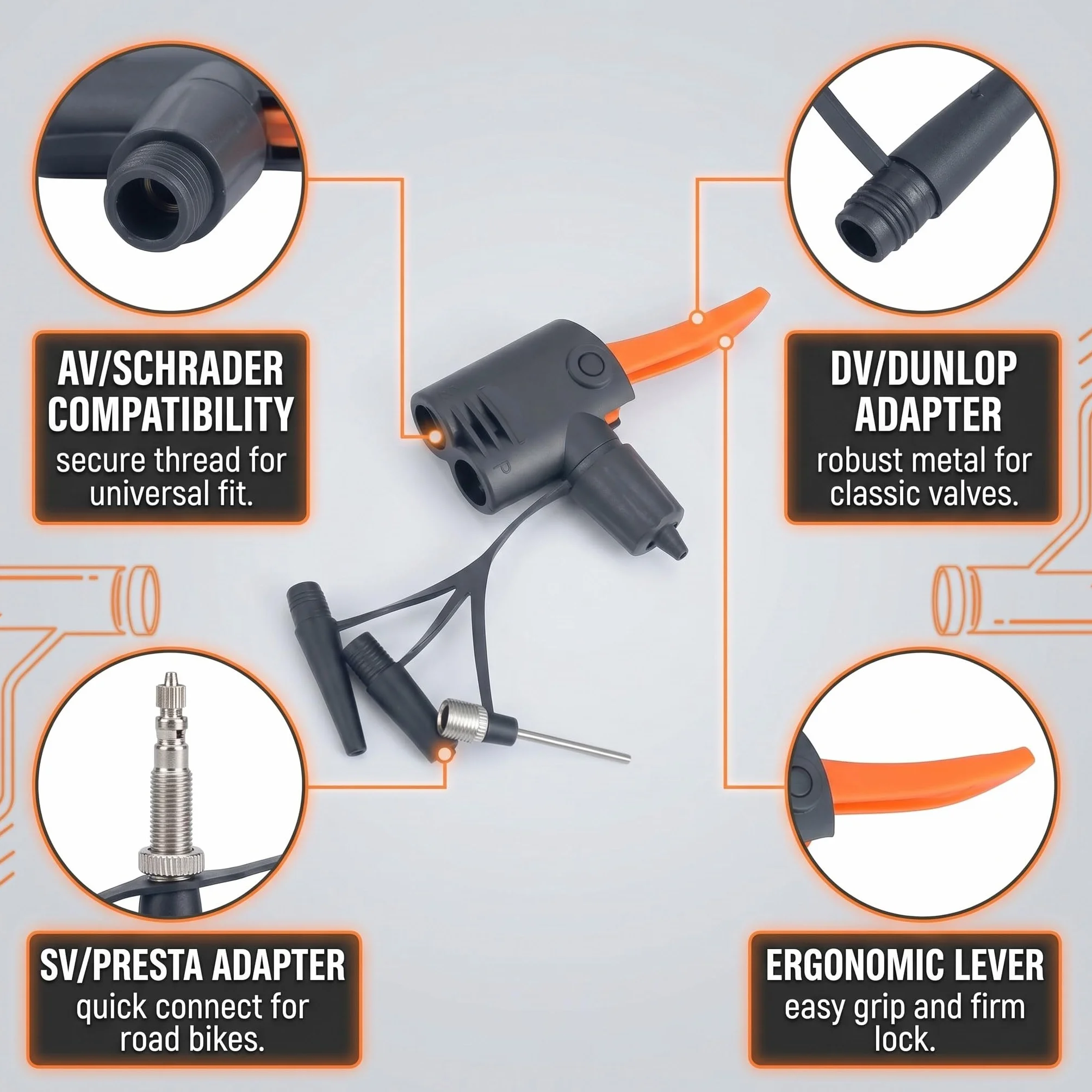 Set di 4 Adattatori per Pompa Bicicletta Multifunzione, Testina Universale per Valvola Presta Schrader Dunlop