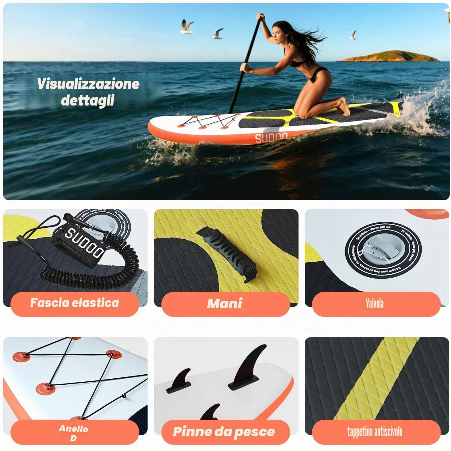 SUDOO Tavola da surf gonfiabile 3 m 15,2 cm EVA Deck kit completo per principianti adulti pesca yoga surf