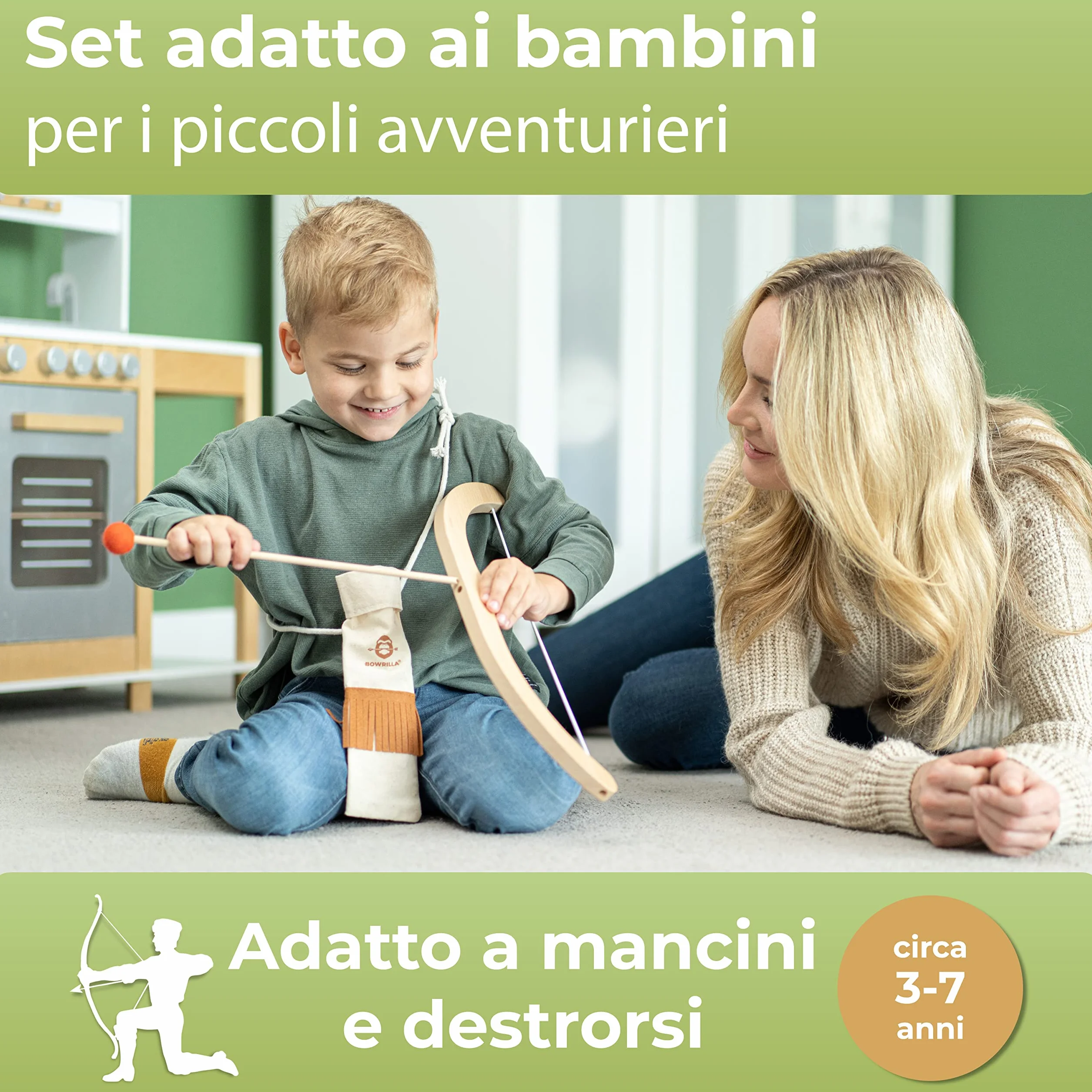 BOWRILLA® Arco e frecce per bambini in legno con 5 frecce, 4 bersagli e porta frecce