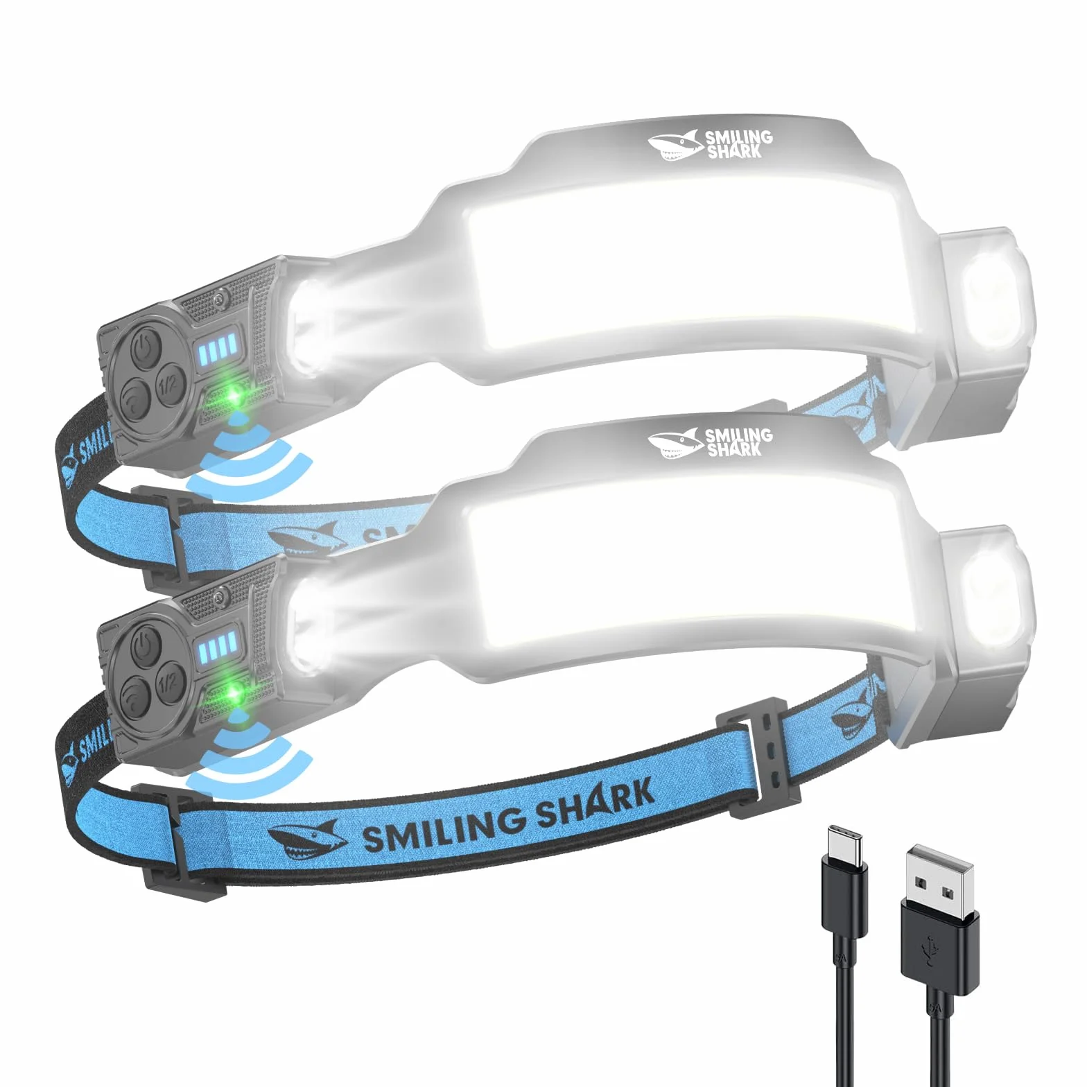 Smiling Shark TS-6 Lampada Frontale LED Ricaricabile 2400mAh 2 Proiettori Orientabili con Sensore di Movimento per Camping Corsa 2 Pack