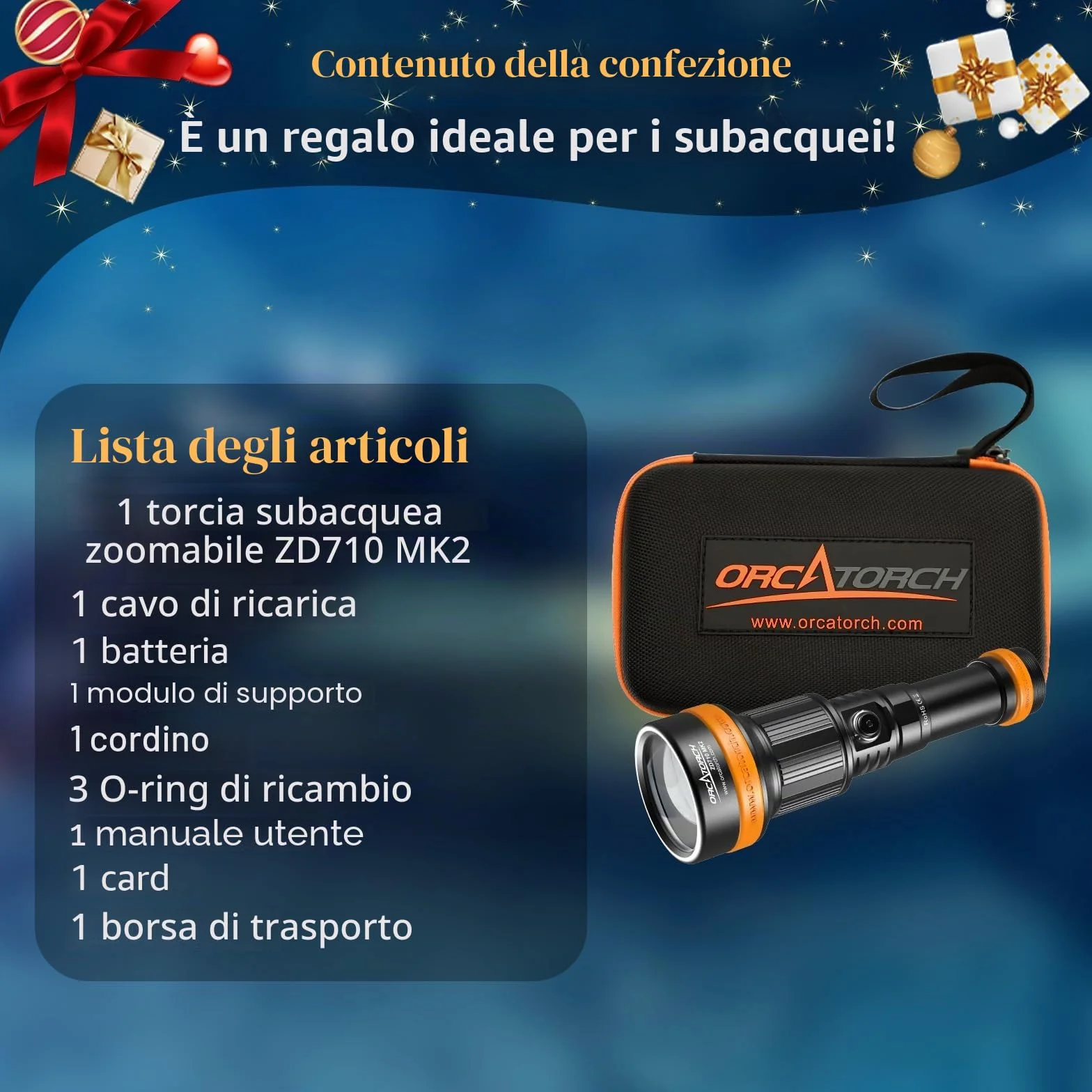 ORCATORCH ZD710MK2 Torcia Subacquea 1500 Lumen LED 4°-72° Zoom IP68 Impermeabile 150M