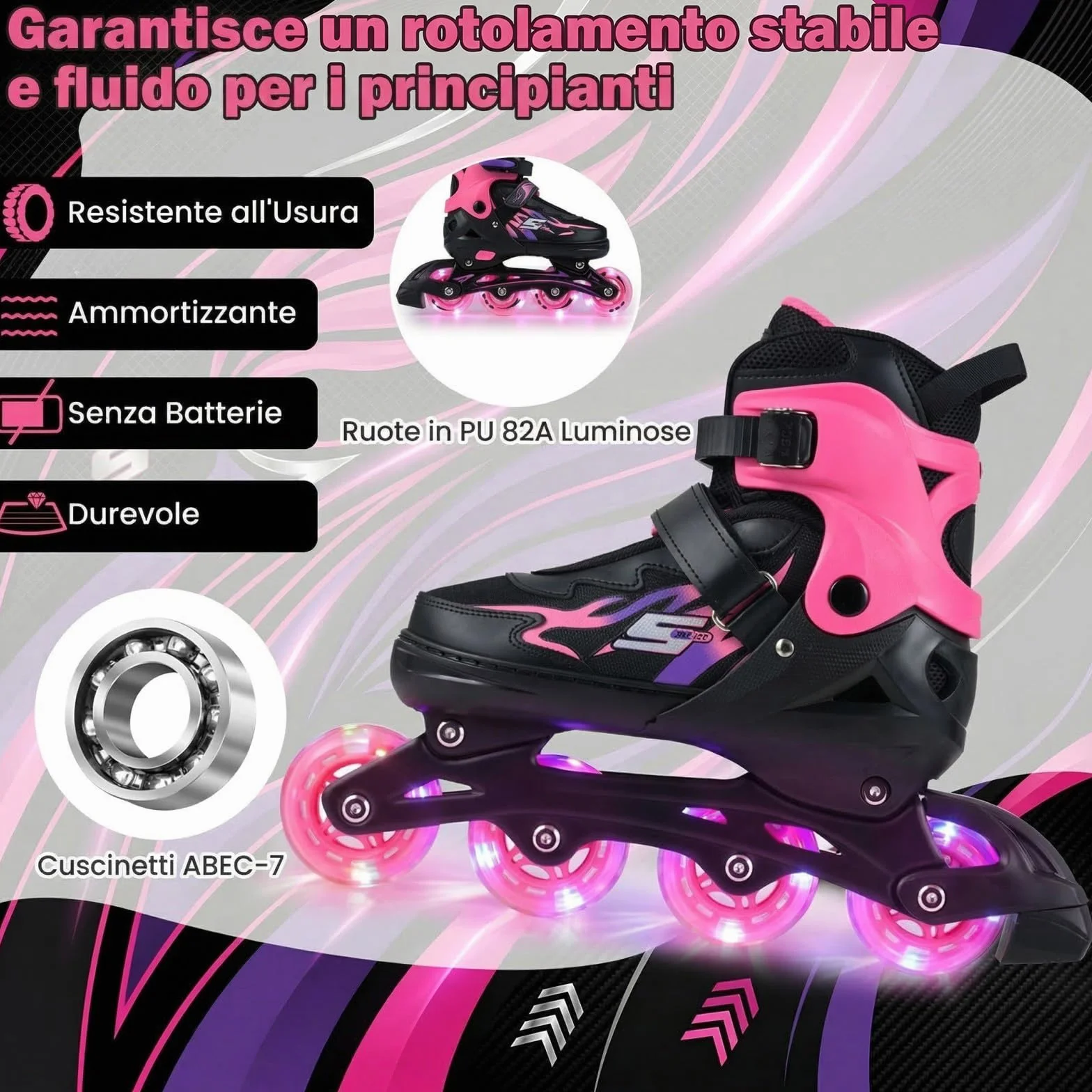 COSTWAY Pattini in Linea a 4 Ruote per Bambini Regolabili 4 Taglie con Luci e Protezione 5-14 Anni