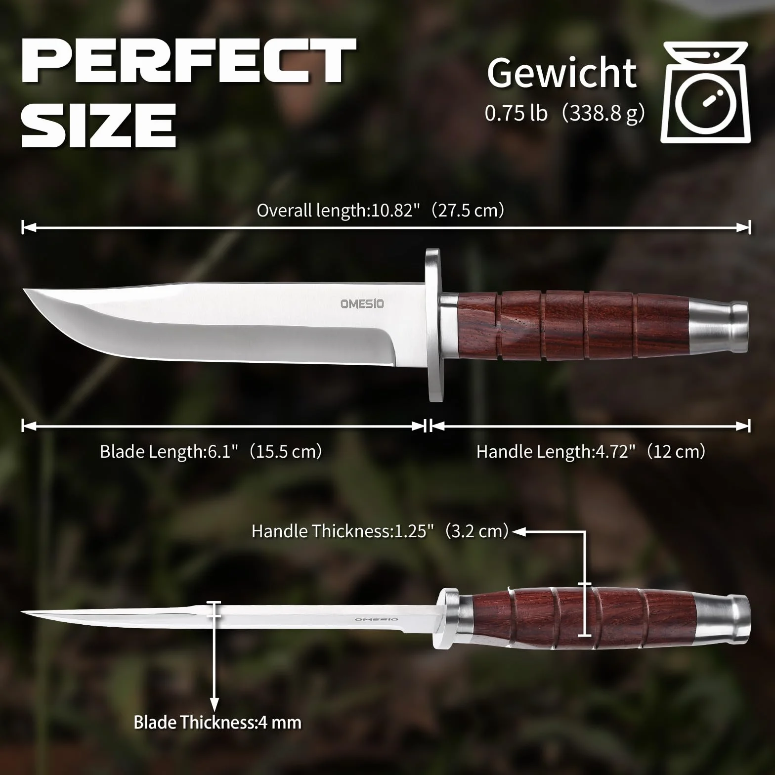 Omesio Coltello Da Caccia Outdoor, Lama Fissa — Include Fodero in Pelle, Realizzato Acciaio 5cr14mov — Manico Interamente in Legno — Adatto Per Il Campeggio e La Sopravvivenza Nella Natura Selvaggia