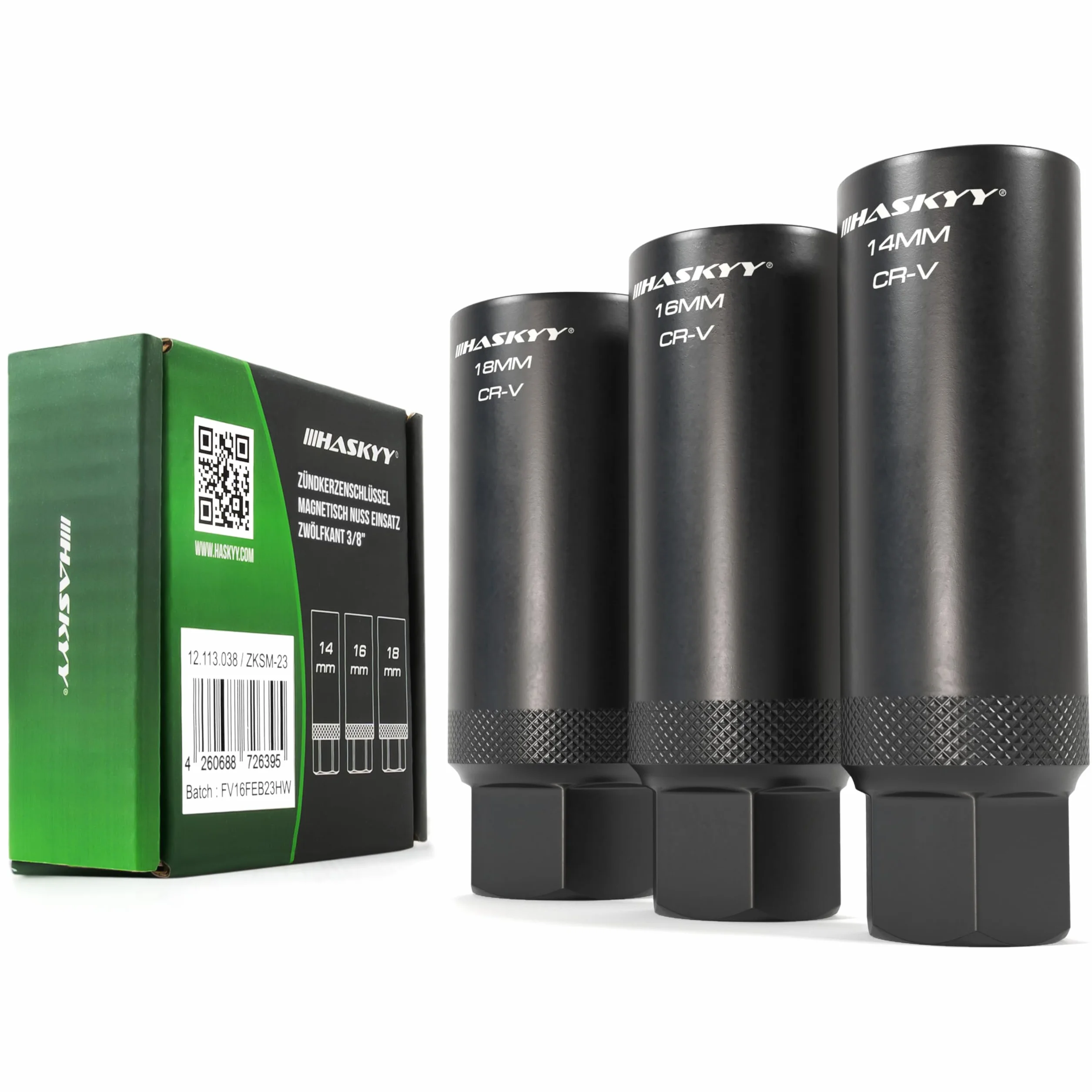 HASKYY Set Chiavi per Candele Magnetiche 14-16-18mm - Bussole Dodecagonali con Attacco 3/8 Pollici - Kit 3 Pezzi per Candele d'Accensione e Preriscaldamento - Utensile Universale Auto e Moto