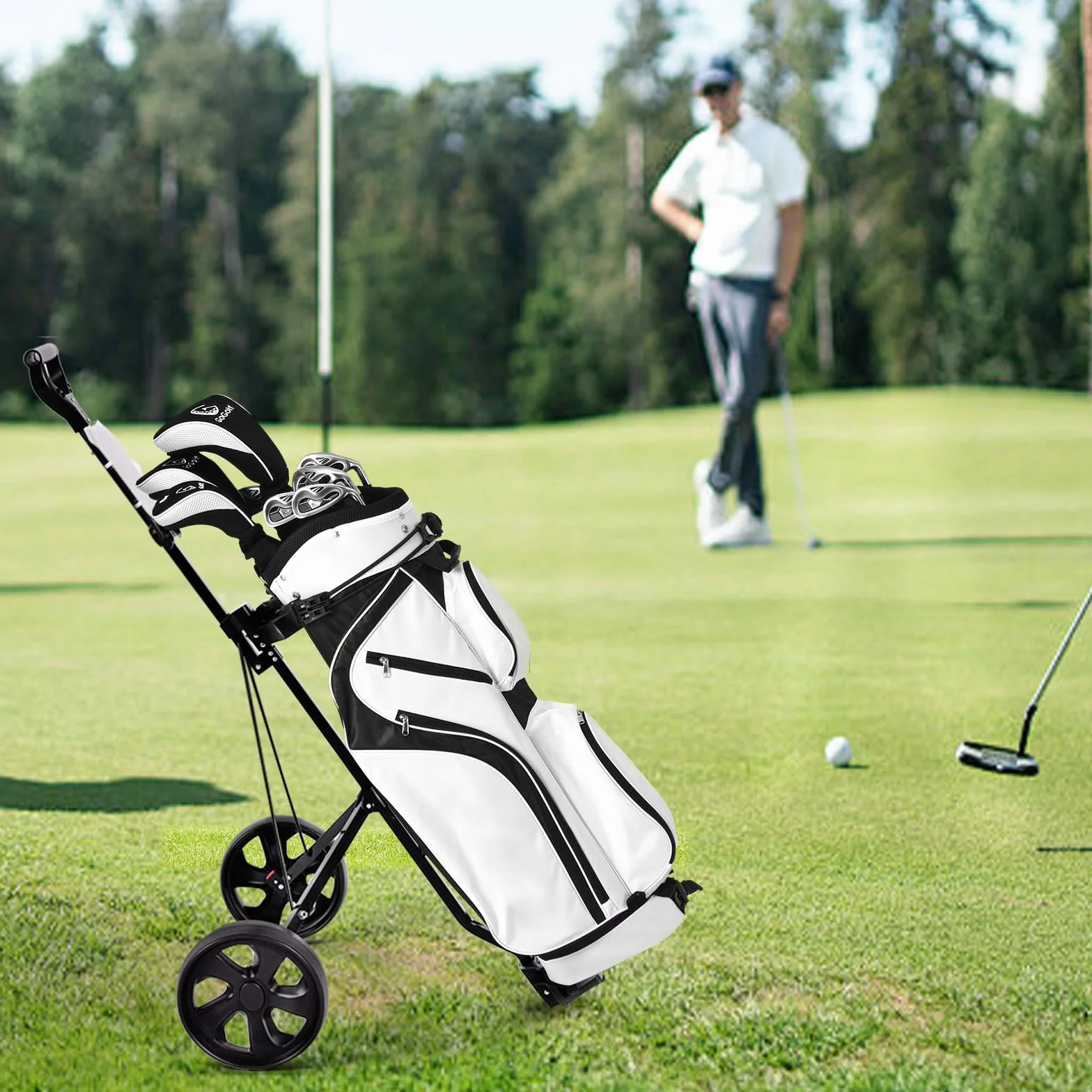 LIFEZEAL Carrello da Golf Pieghevole a 2 Ruote, Trolley da Golf in Ferro con Tabellone Segnapunti