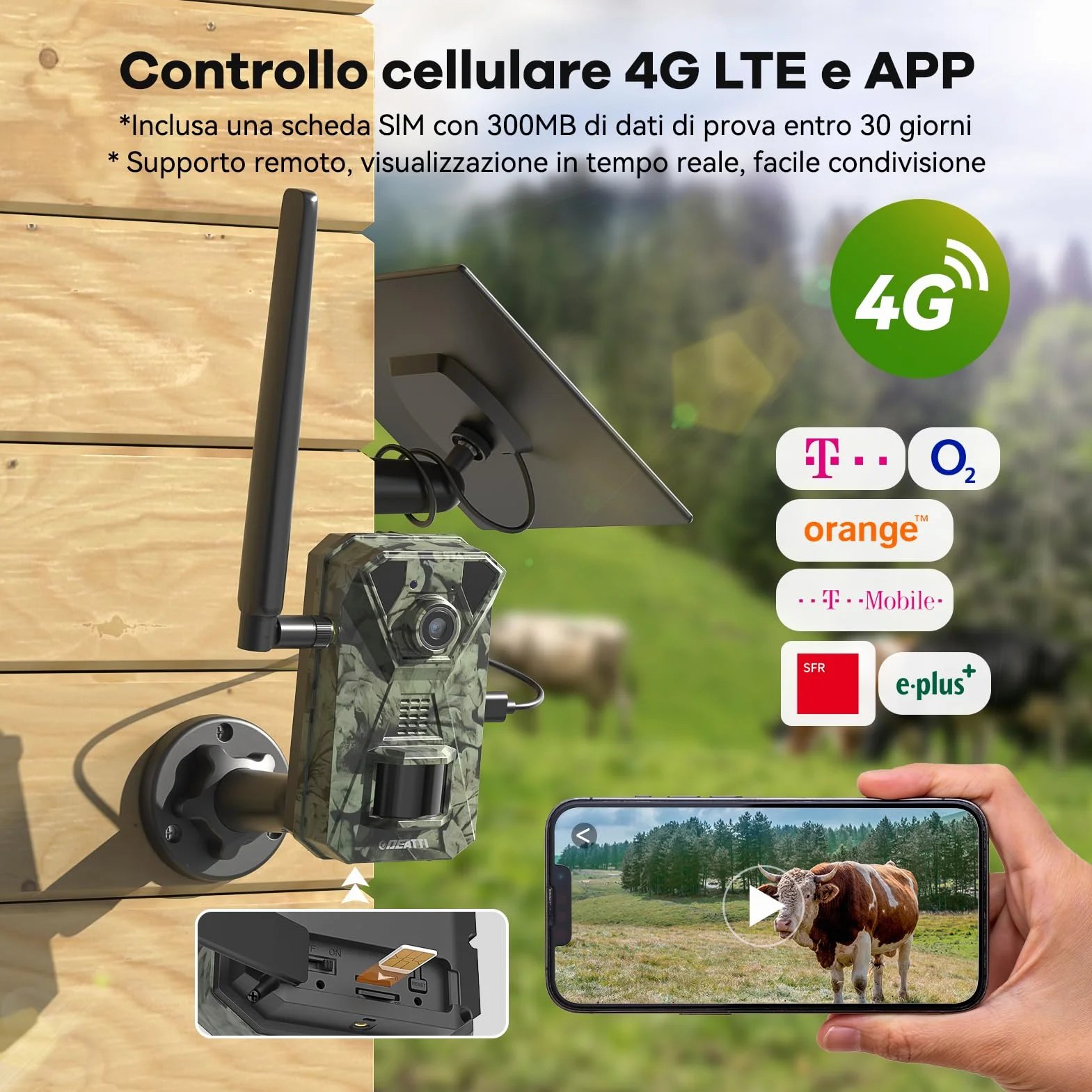 DEATTI Solare Fotocamera da Caccia 4G LTE con Sim 0,1S 7800 mAh IP65