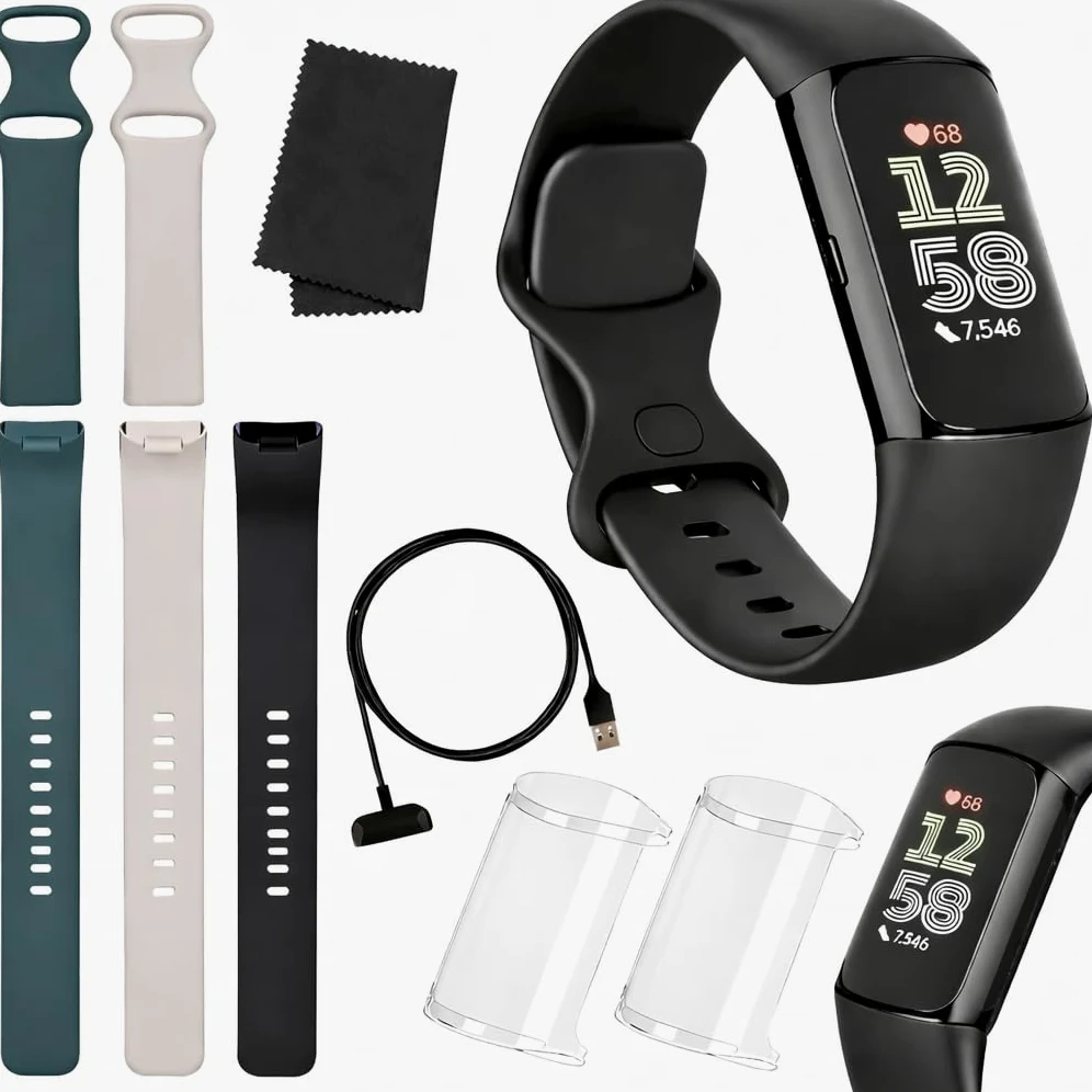 Fitbit Charge 6 Fitness Tracker (Bundle) - Nero/Ossidiana - Frequenza Cardiaca, GPS, Monitoraggio del sonno e dello stress + Caricatore Rapido e Panno di Pulizia
