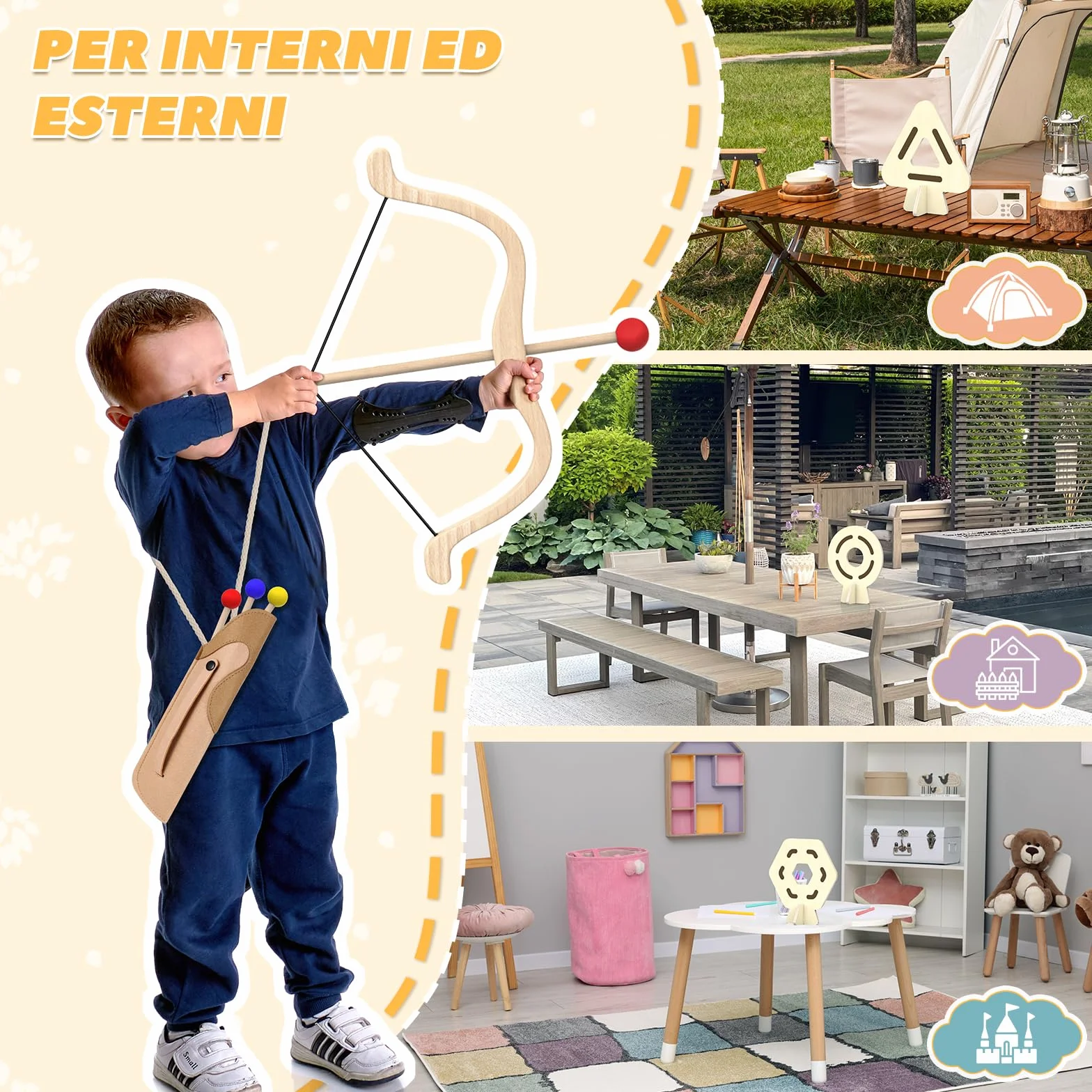 Set di Tiro con l'Arco in Legno per Bambini con 3 Frecce, 3 Bersagli e Faretra