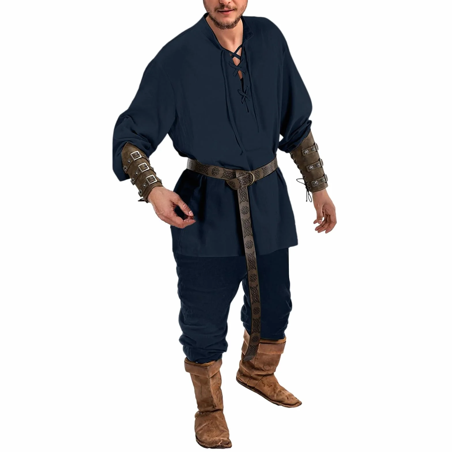 Vichingo Costume da Uomo Medievale Rinascimentale con Camicia Lino e Pantaloni Caviglia