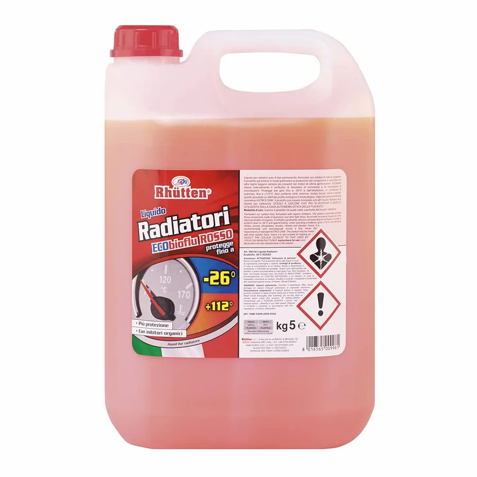Liquido Radiatori Permanente, Colore Rosso, Protezione Alluminio, Antigelo fino -26°C, Additivi Organici, 5kg