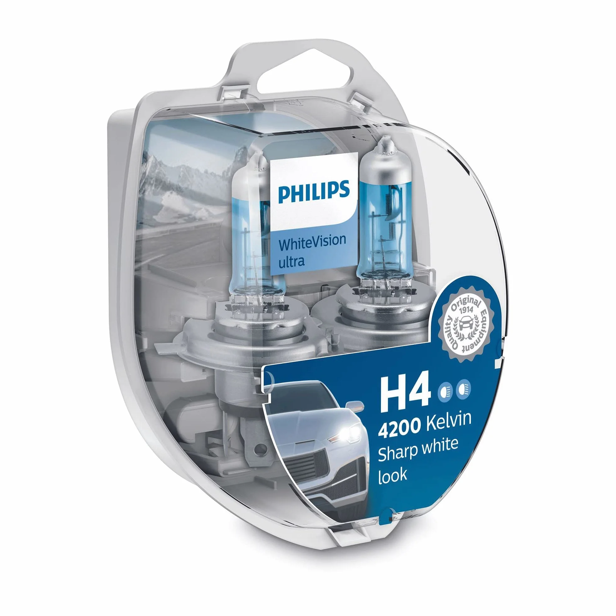 Philips Automotive Lighting WhiteVision ultra effetto Xenon H4 lampada fari, Bianco intenso - 4.200K, confezione doppia