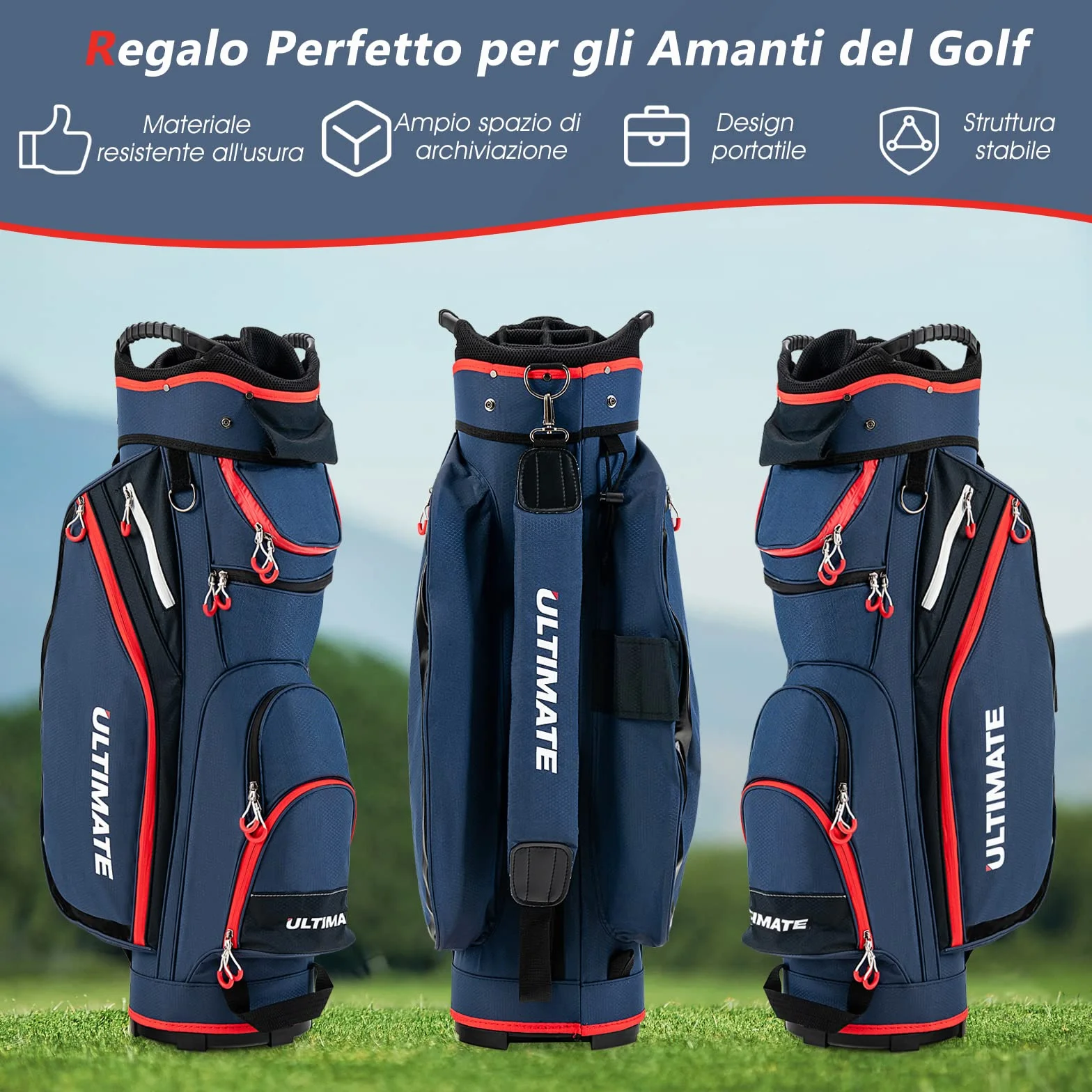COSTWAY Borsa da Golf Leggera Grande Capacità 14 Divisori 8 Tasche Cappuccio Antipioggia Tracolla Borsa Termica Blu