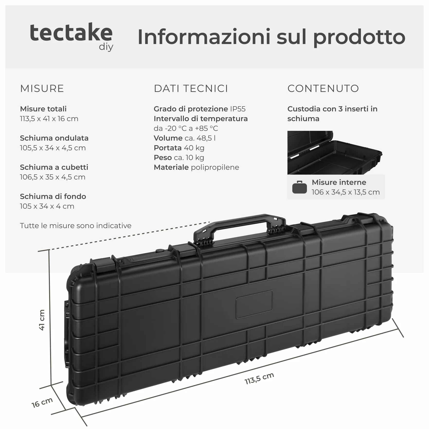 Tectake Custodia Porta Fucile Rigida 113,5x41x16 cm 4 Chiusure a Scatto 3 Inserti Estraibili