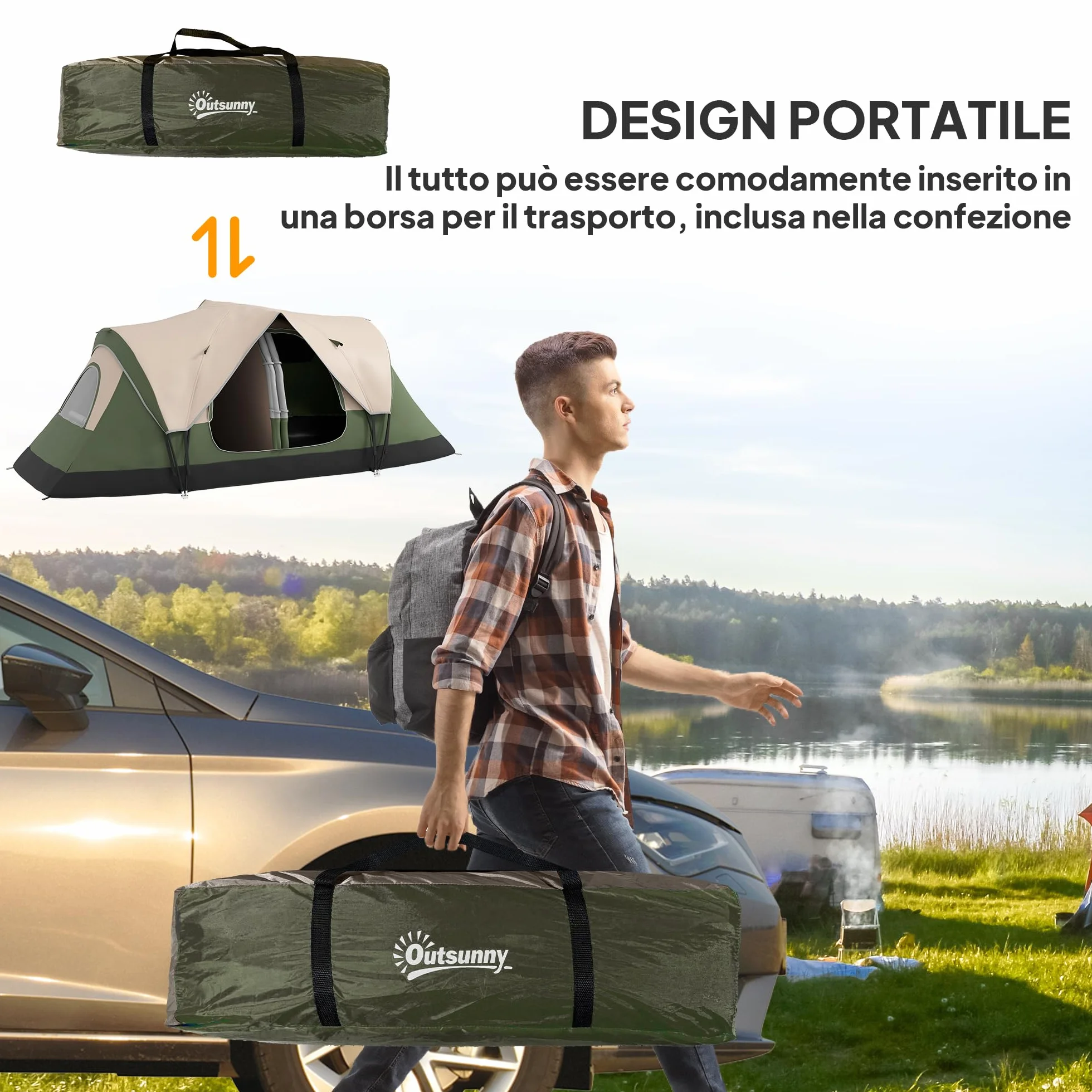 Outsunny Tenda da Campeggio 6-8 Posti 2 Stanze Separate Tunnel Protezione PU2000mm 450x215x180 cm