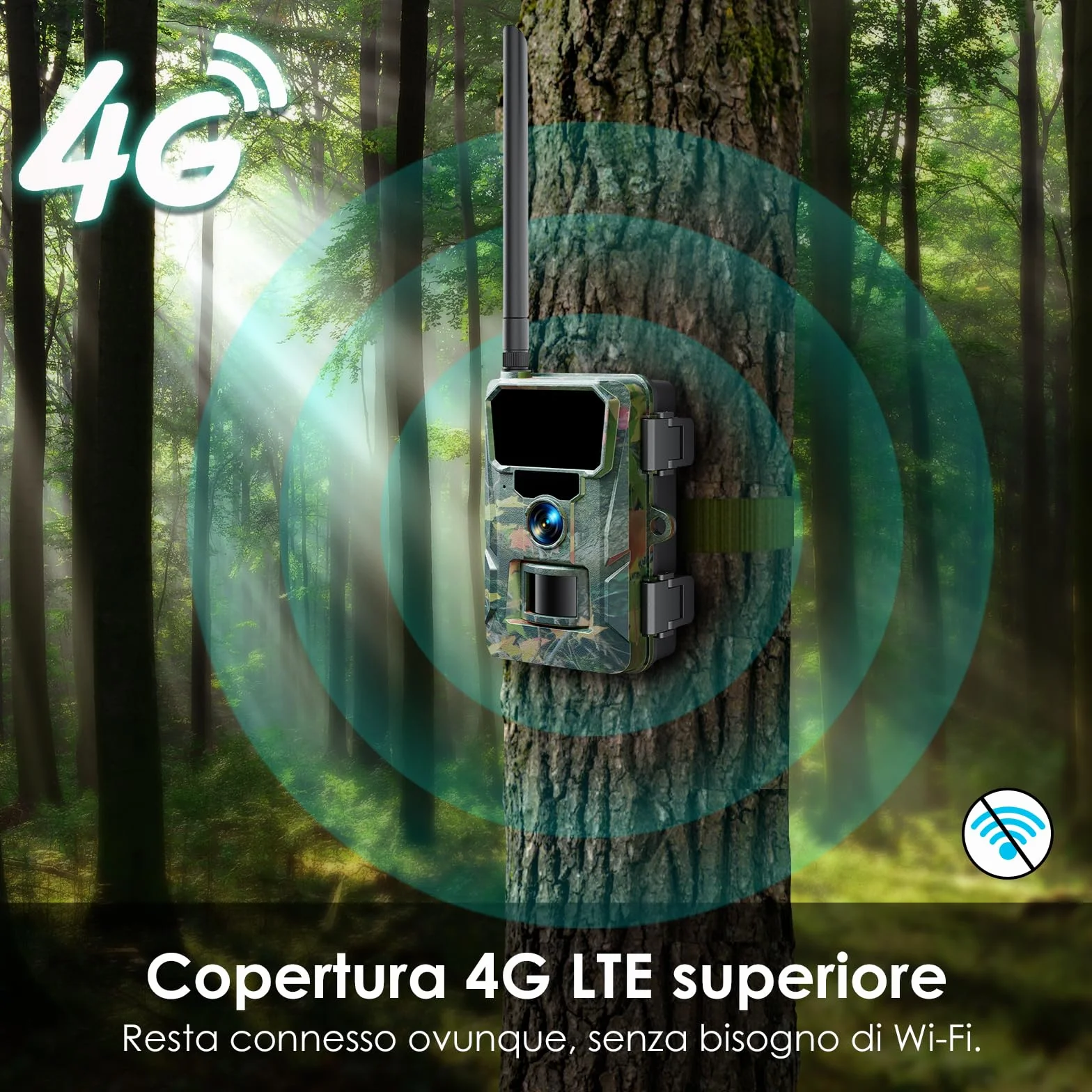 WOLFANG Fototrappola 4G con SIM 2K 48MP HD Fotocamera Caccia Infrarossi Rilevatore Movimento Visione Notturna IP66 Impermeabile