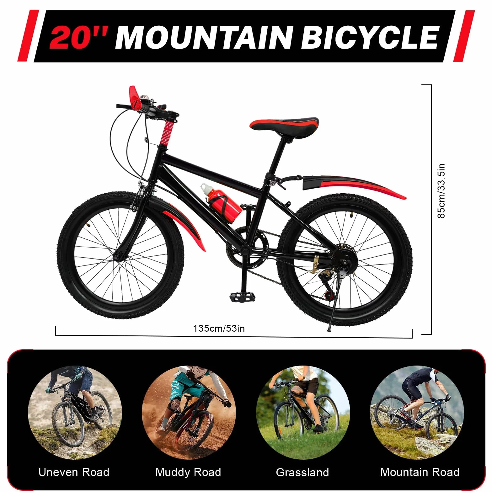Mountain bike 20 pollici bambini telaio acciaio carbonio parafanghi doppio freno rossa campanello 85 kg