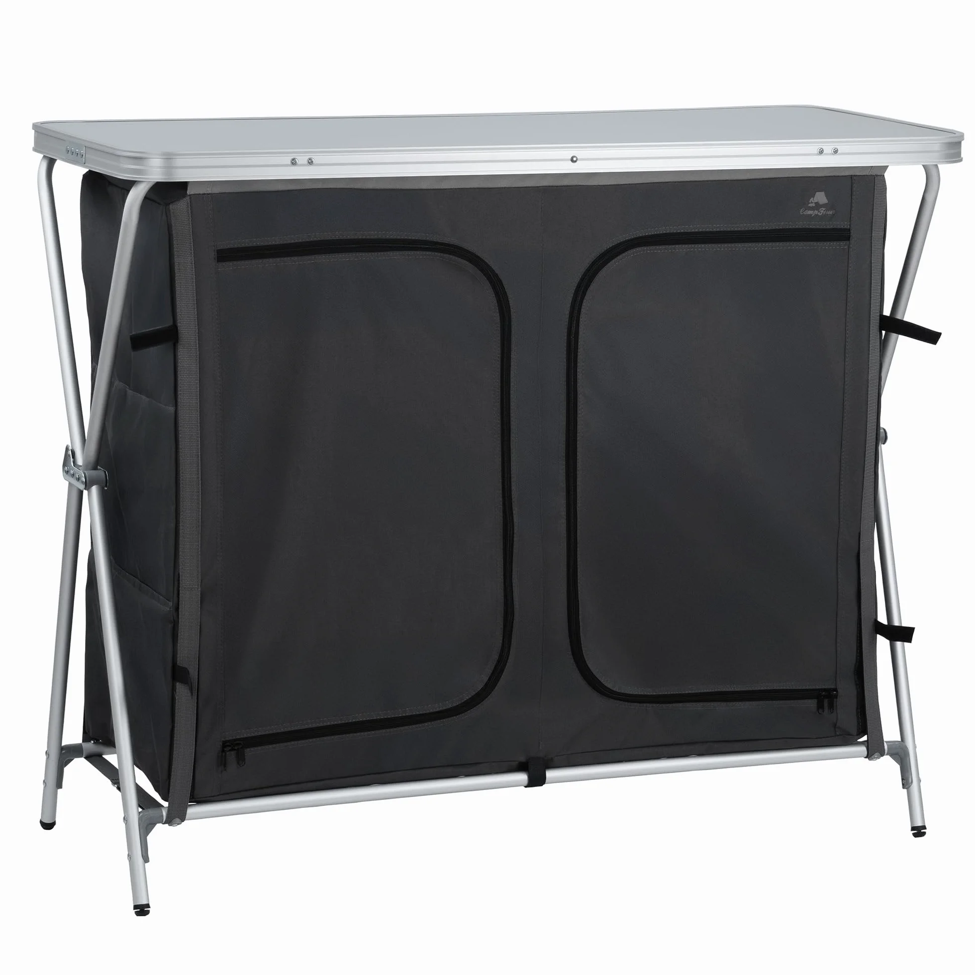 CampFeuer Armadio da campeggio pieghevole 110x47x90 cm Cucina da campeggio 2 aperture cerniera Scaffale da campeggio alluminio