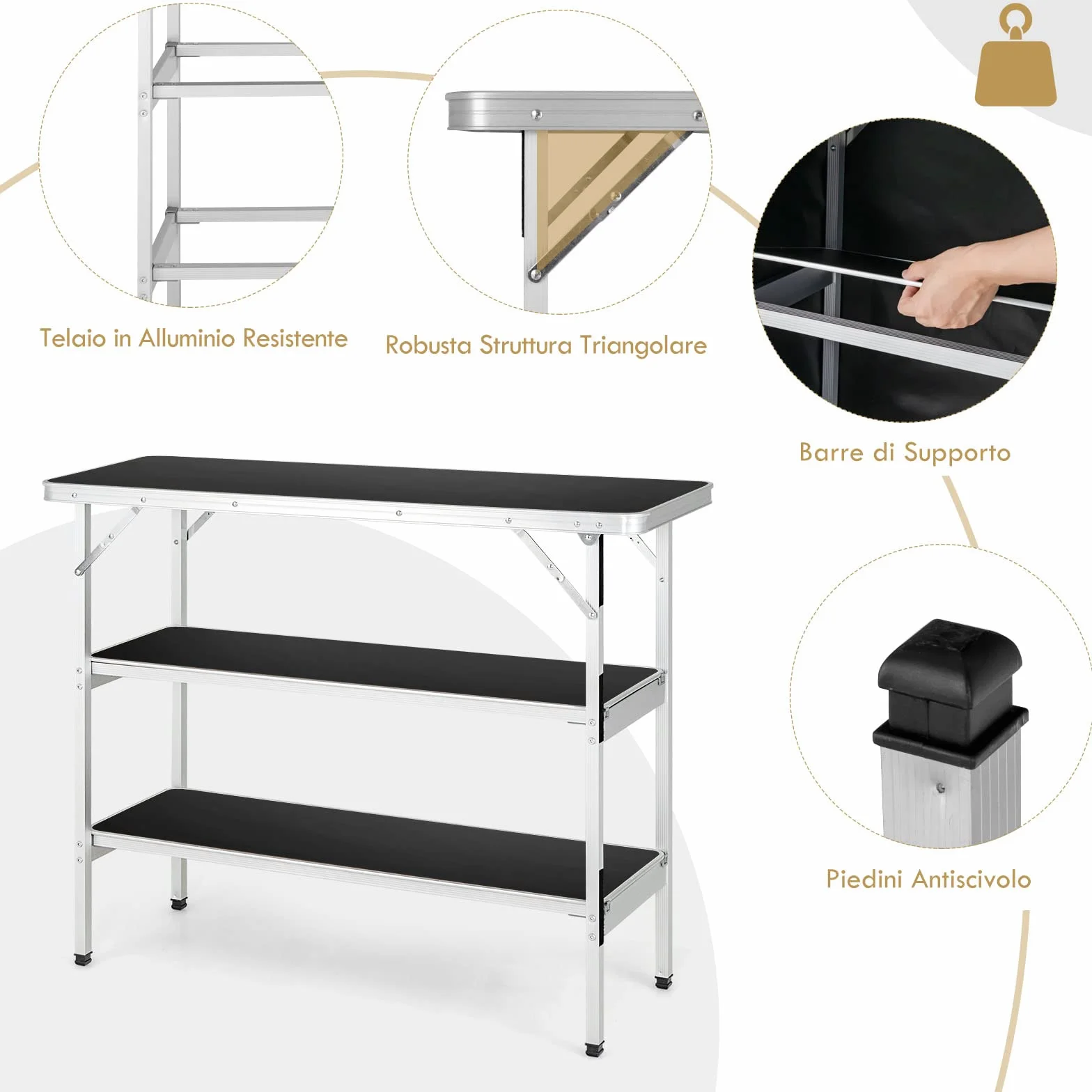 COSTWAY Cucina da Campeggio Pieghevole con Telaio in Alluminio 3 Ripiani Borsa Trasporto Nero