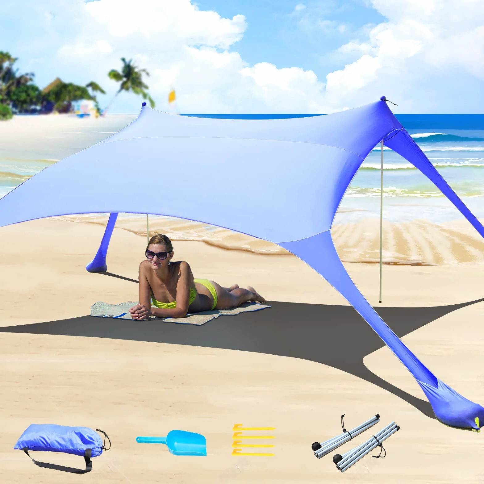 Tenda da spiaggia UPF50+, protezione UV, piccola tenda da sole per esterni, con 2 pali per campeggio, spiaggia, pesca, cortile e picnic