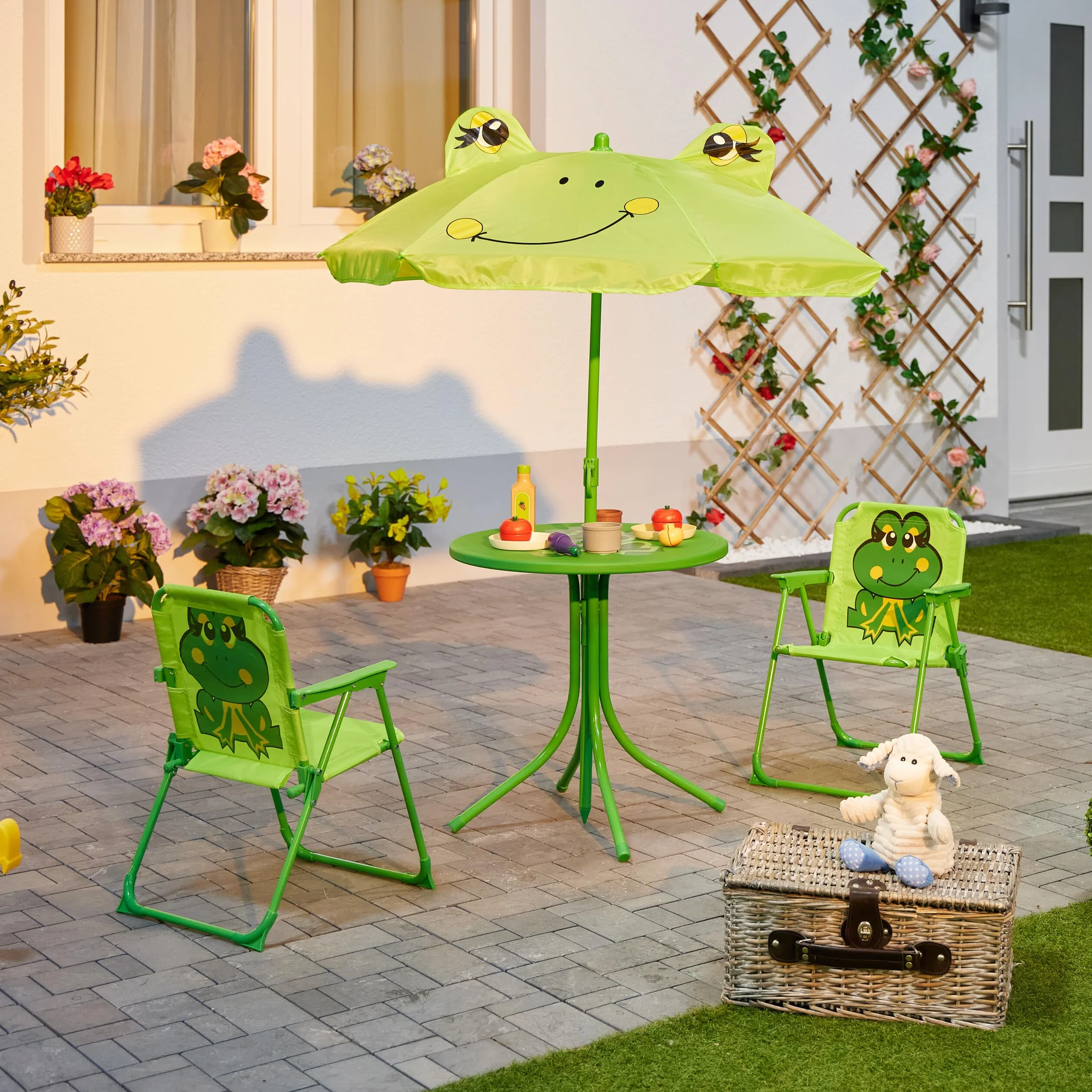 Relaxdays Tavolo Bambini con Ombrellone, Set 2 Sedie, da Campeggio e Giardino, Tavolino Picnic Design Rana Verde