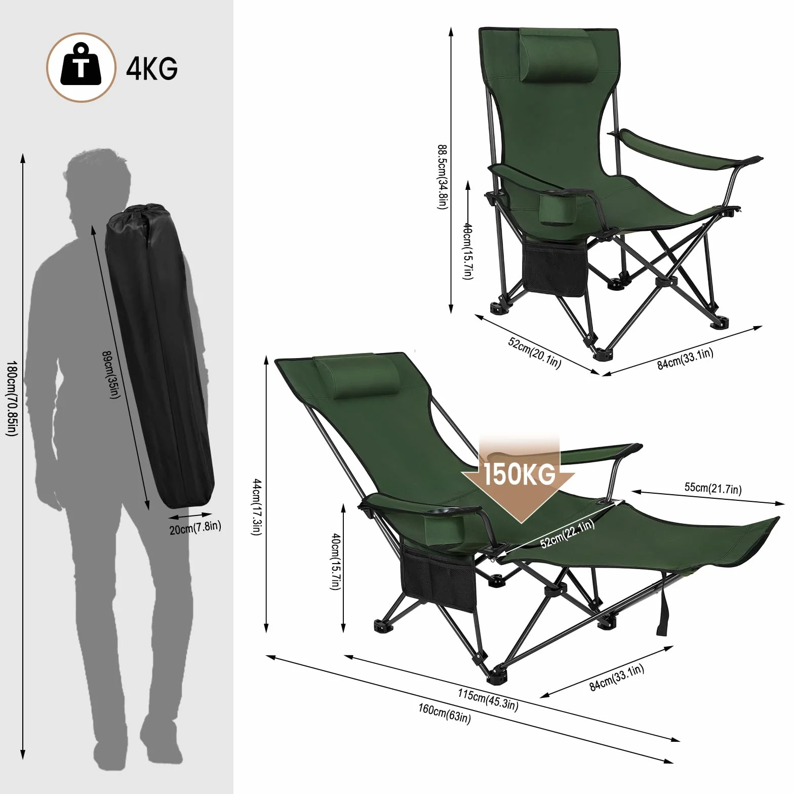 WOLTU Set di 2 Sedie da Campeggio Portatile Reclinabile con Poggiapiedi e Borsa da Trasporto, Verde