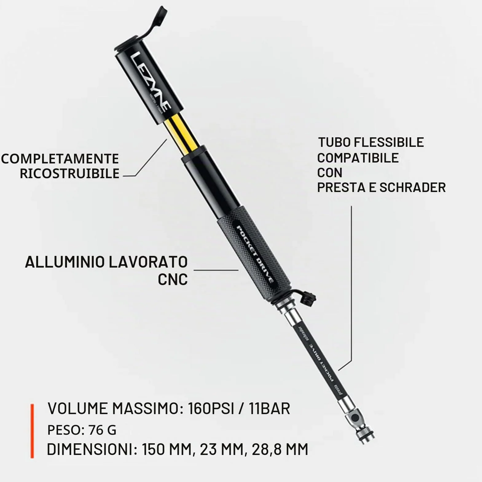 LEZYNE Pompa manuale per bicicletta HP Pocket Drive 160 PSI, alluminio CNC, Presta e Schrader