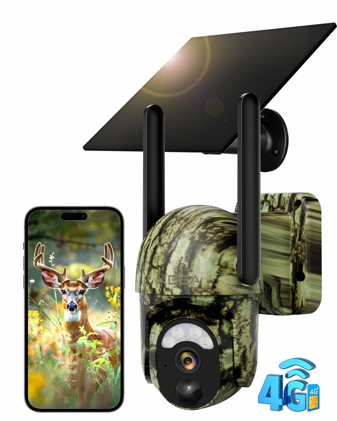 Xega 4G LTE Fotocamera da Caccia Solare, 2K PTZ Fototrappola con SIM Scheda, Telecamera Esterna con Pannello Solare e APP，Rilevamento PIR, Visione Notturna a Colori, Audio a 2 Vie, per Animali