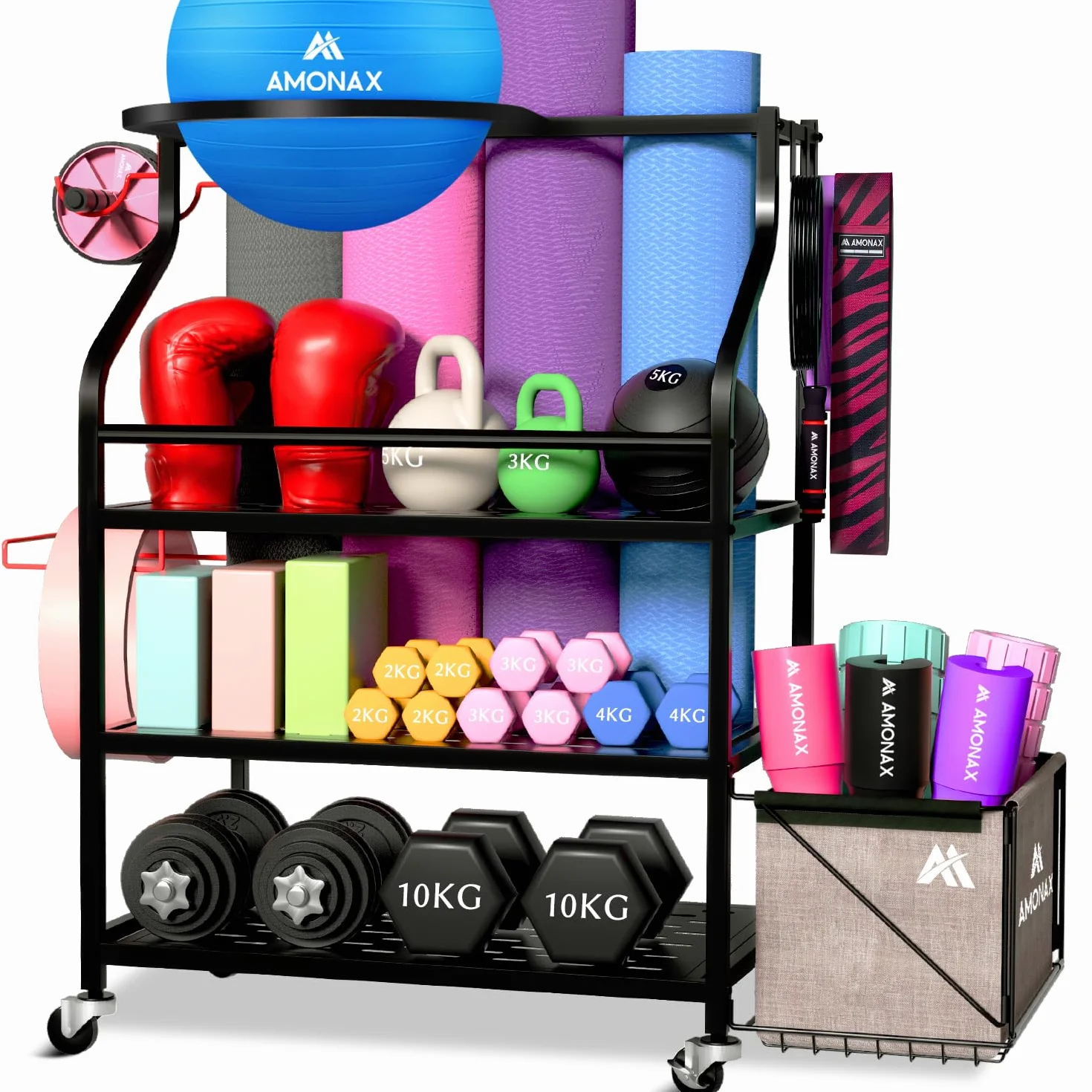 Amonax Rastrelliera Manubri Palestra, Yoga Organizer Kettlebell Rastrelliera Manubri, Porta Manubri Attrezzatura Palestra per Bilanciere, Rullo in Schiuma, Attrezzi per Palestra in Casa per Donne