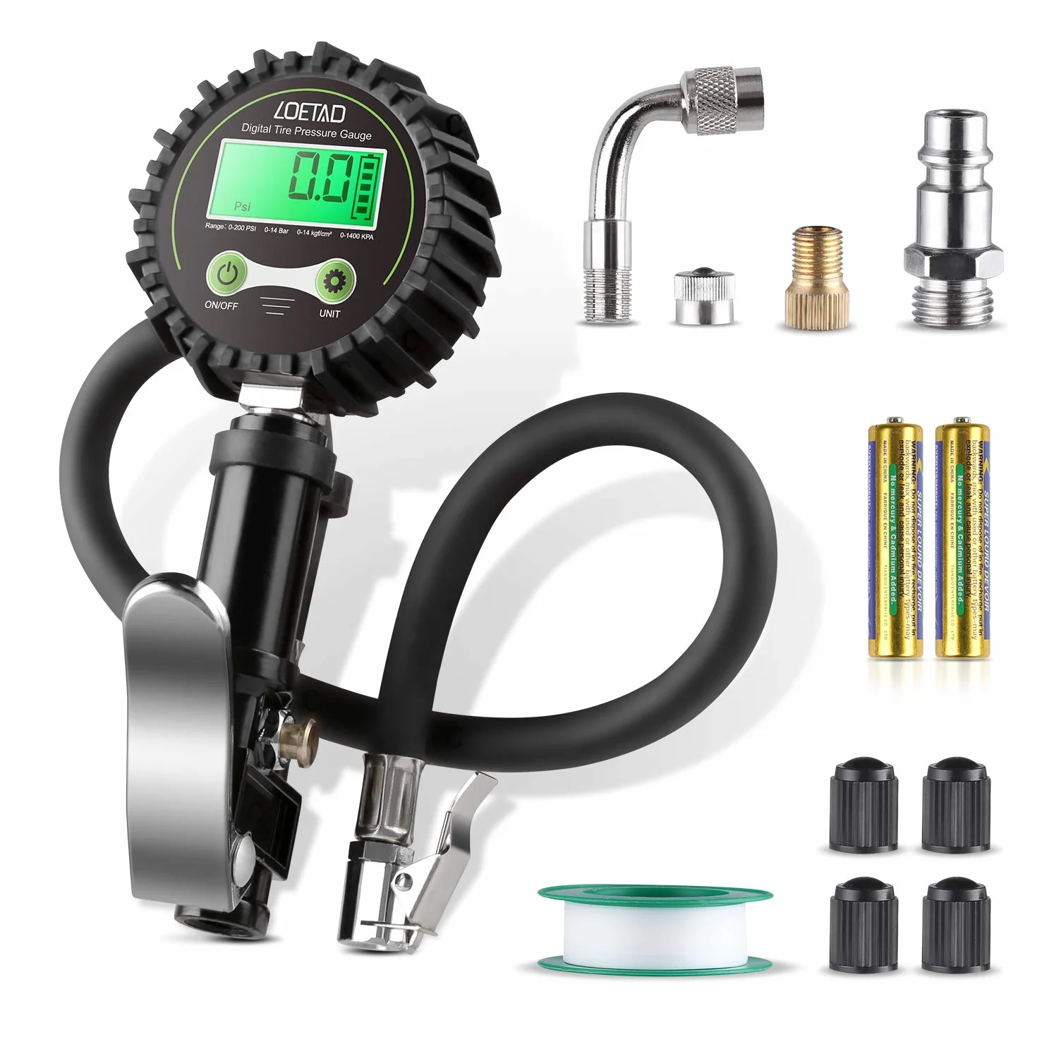 LOETAD Manometro Pressione Gomme Professionale, Manometro Digitale, Pistola Gonfiaggio Pneumatici 200 PSI Alta Precisione con Luce a LED e Schermo LCD per Auto, SUV, Camion, Moto e Biciclette